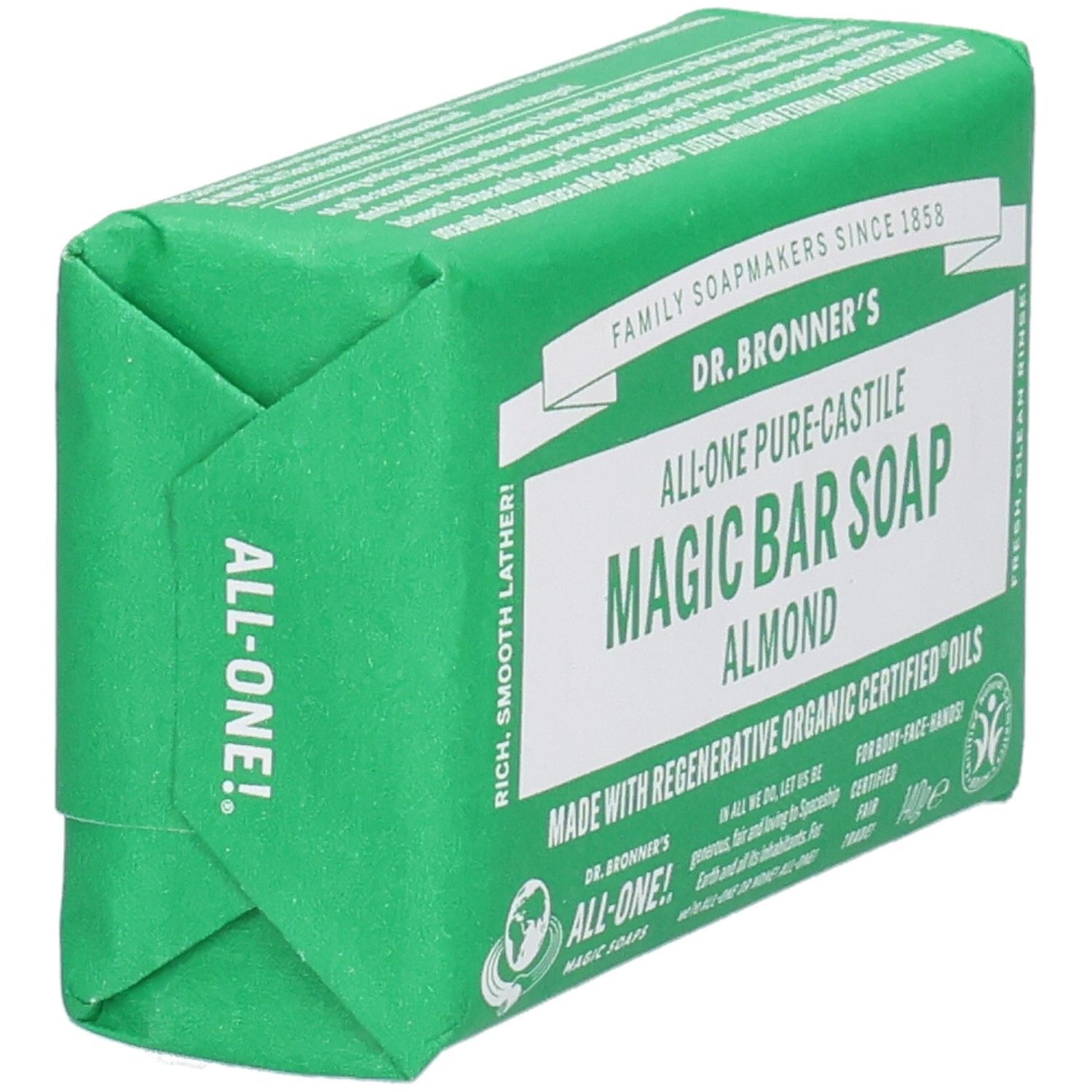 Savon vert emballé. Inscription: Dr. Bronner's Magic Bar Soap Almond. Vue latérale.
