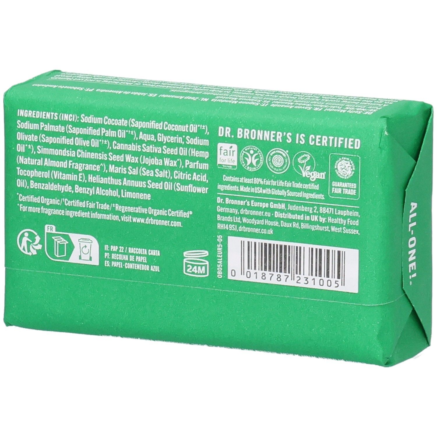 Dos du savon vert. Liste des ingrédients et labels. Inscription: Dr. Bronner's is Certified.