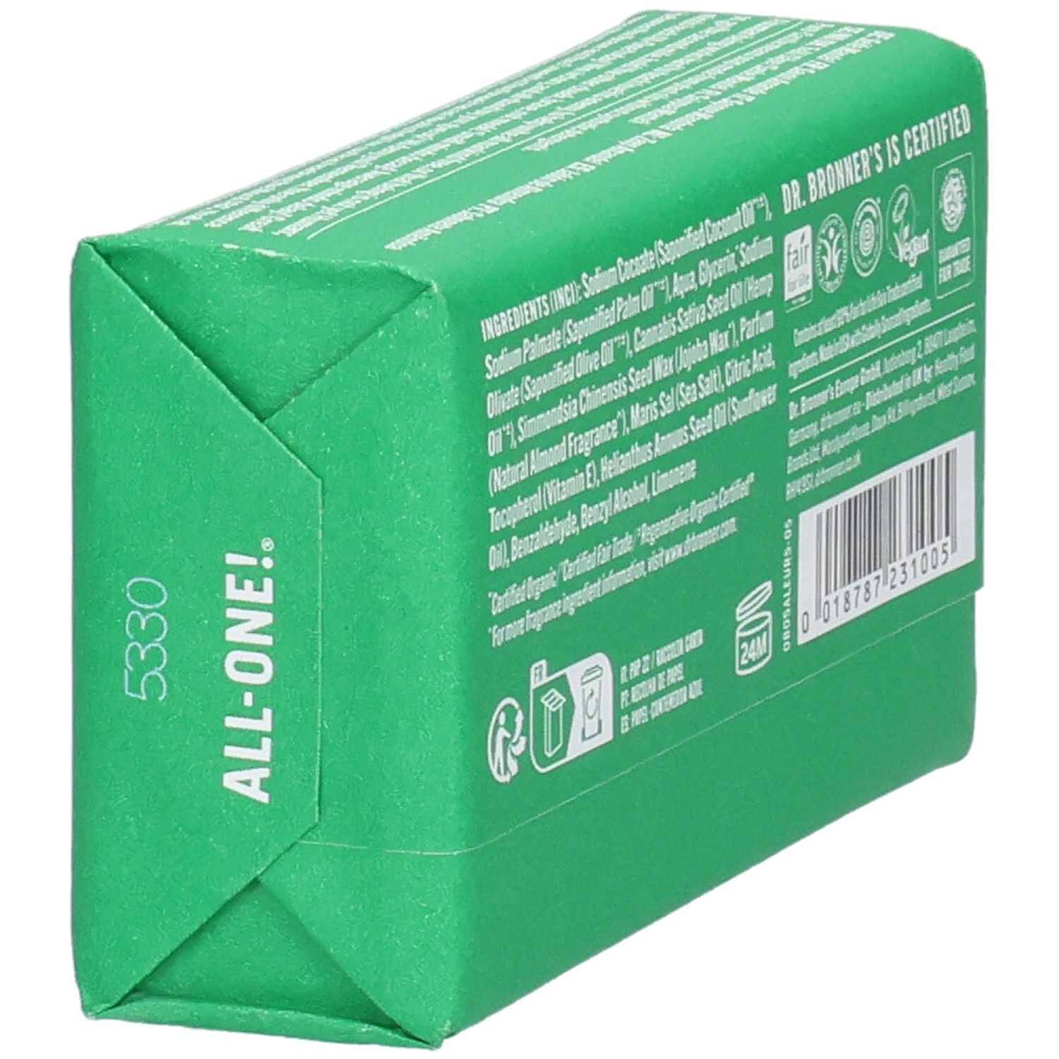 Savon emballé vert. Liste des ingrédients et labels. Inscription: Dr. Bronner's is Certified.