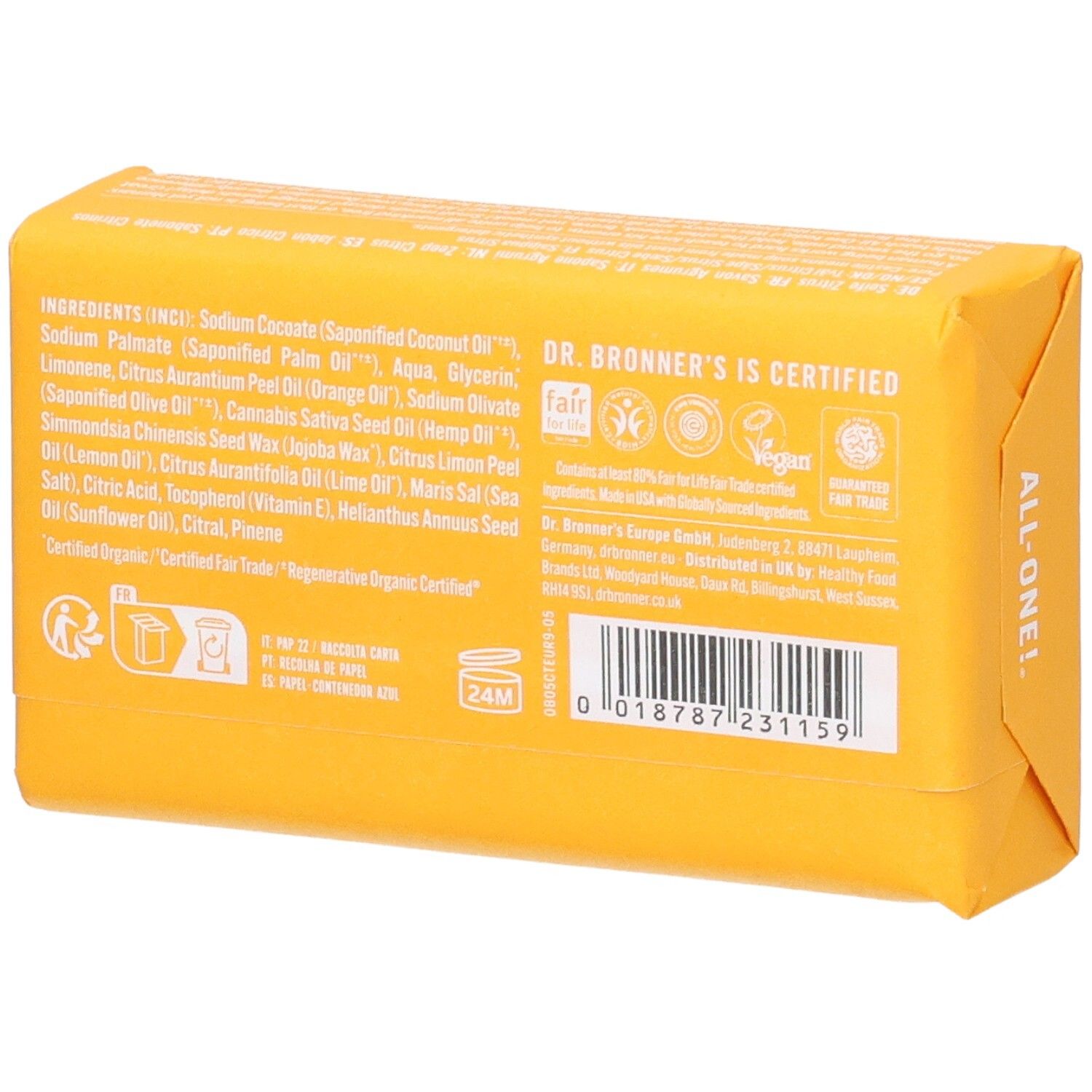 Dos d'un pain de savon jaune. Liste des ingrédients, certifications, code-barres et informations fabricant.