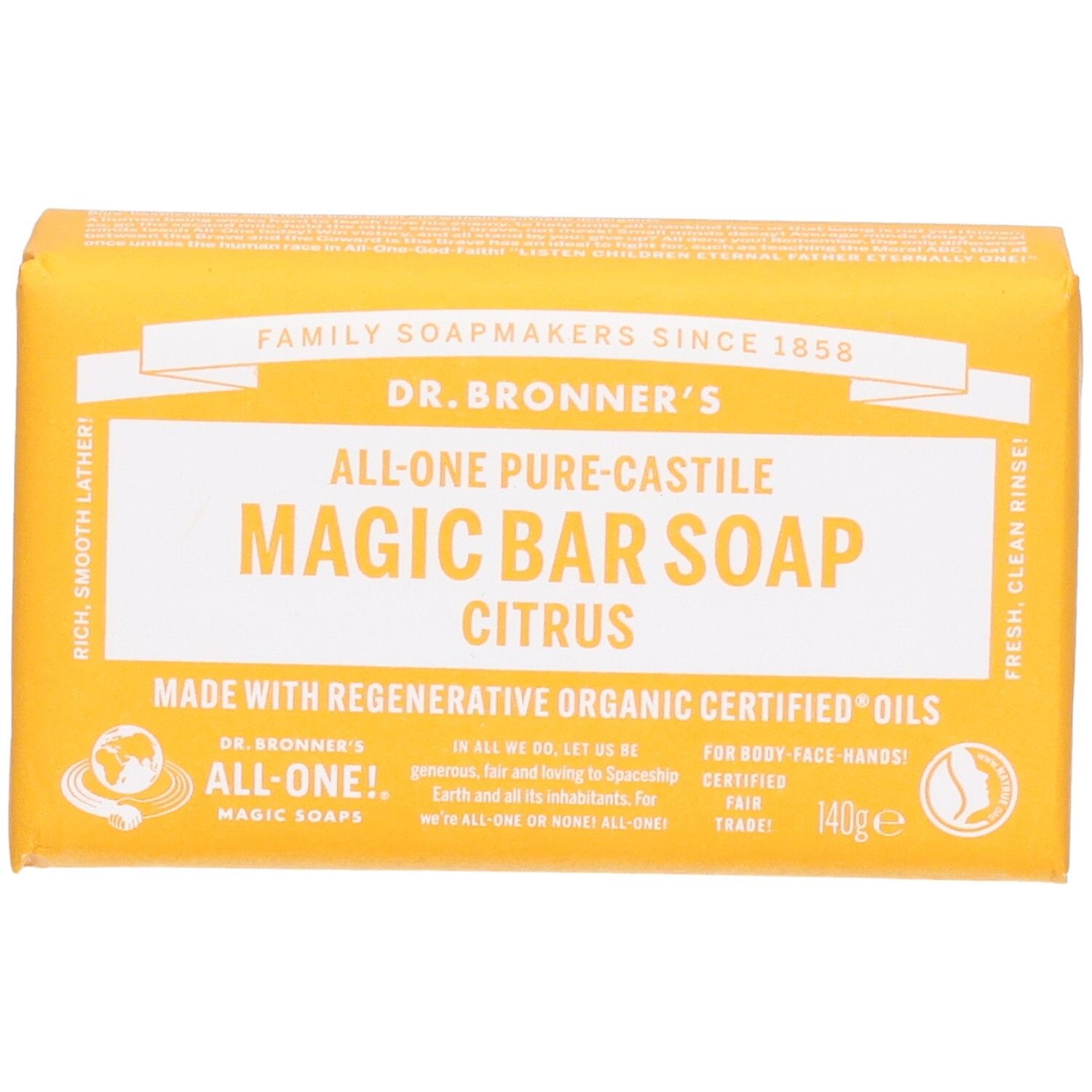 Pain de savon jaune emballé. Inscription: Dr. Bronner's Magic Bar Soap Citrus. Certifications.