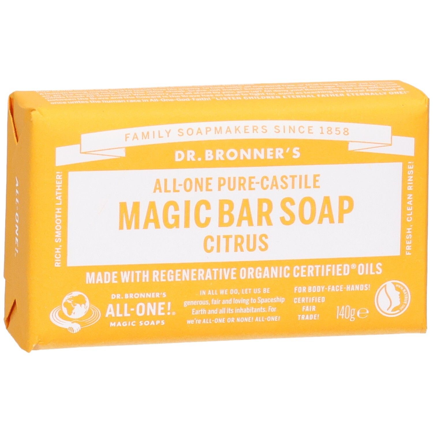 Pain de savon jaune emballé. Inscription: Dr. Bronner's Magic Bar Soap Citrus. Certifications.