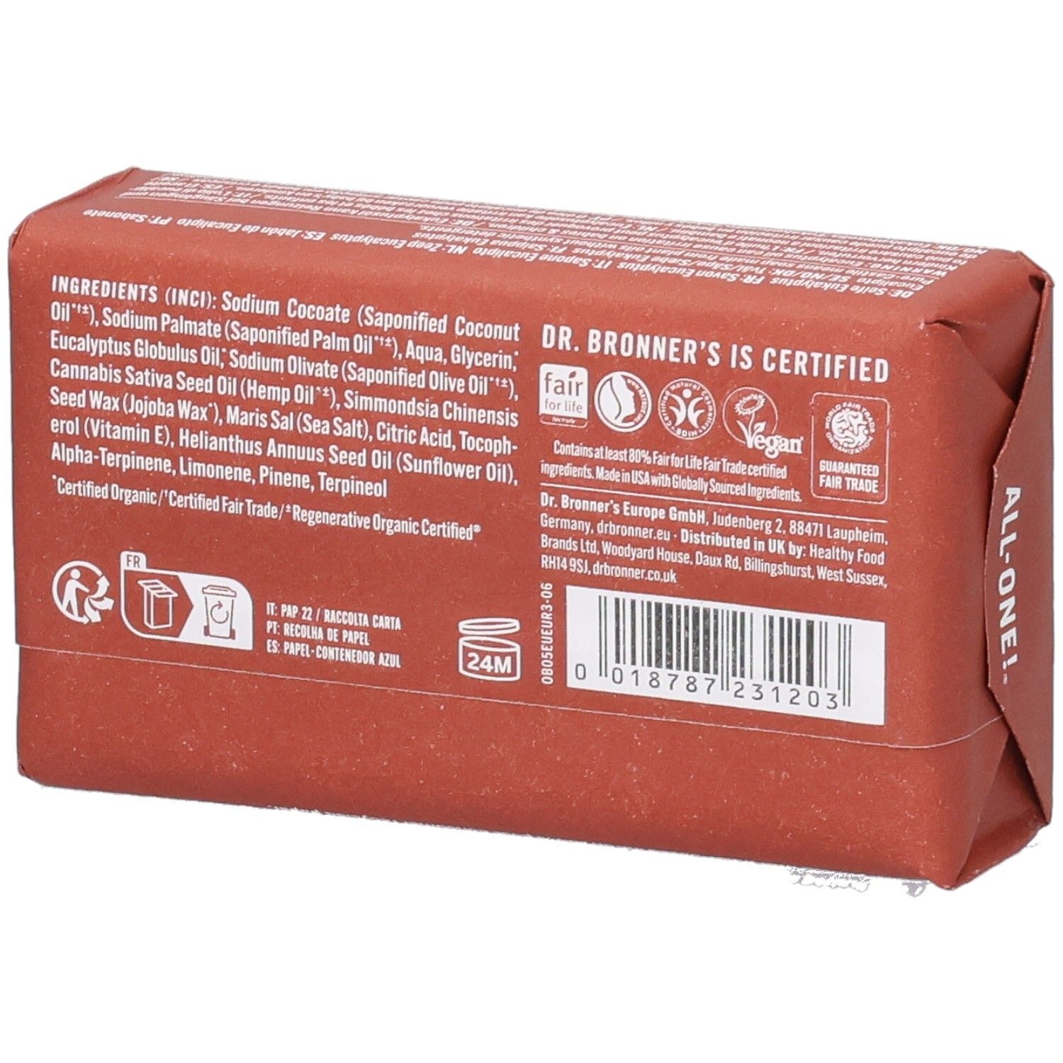 Dos de l'emballage du savon. Liste des ingrédients, certifications, code-barres. Inscription: Dr. Bronner's is Certified.