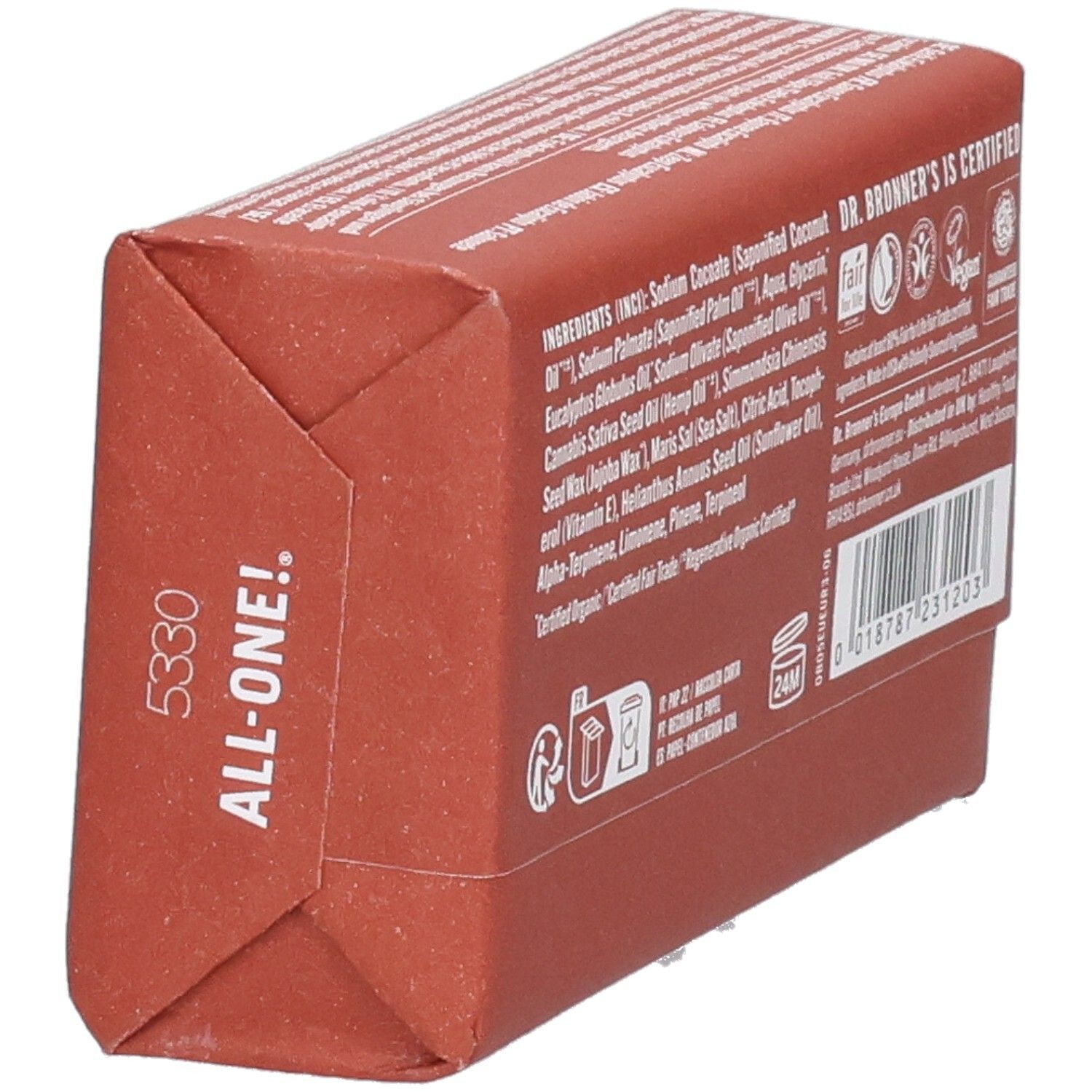 Emballage de savon en biais. Liste des ingrédients, certifications, code-barres. Inscription: Dr. Bronner's is Certified.