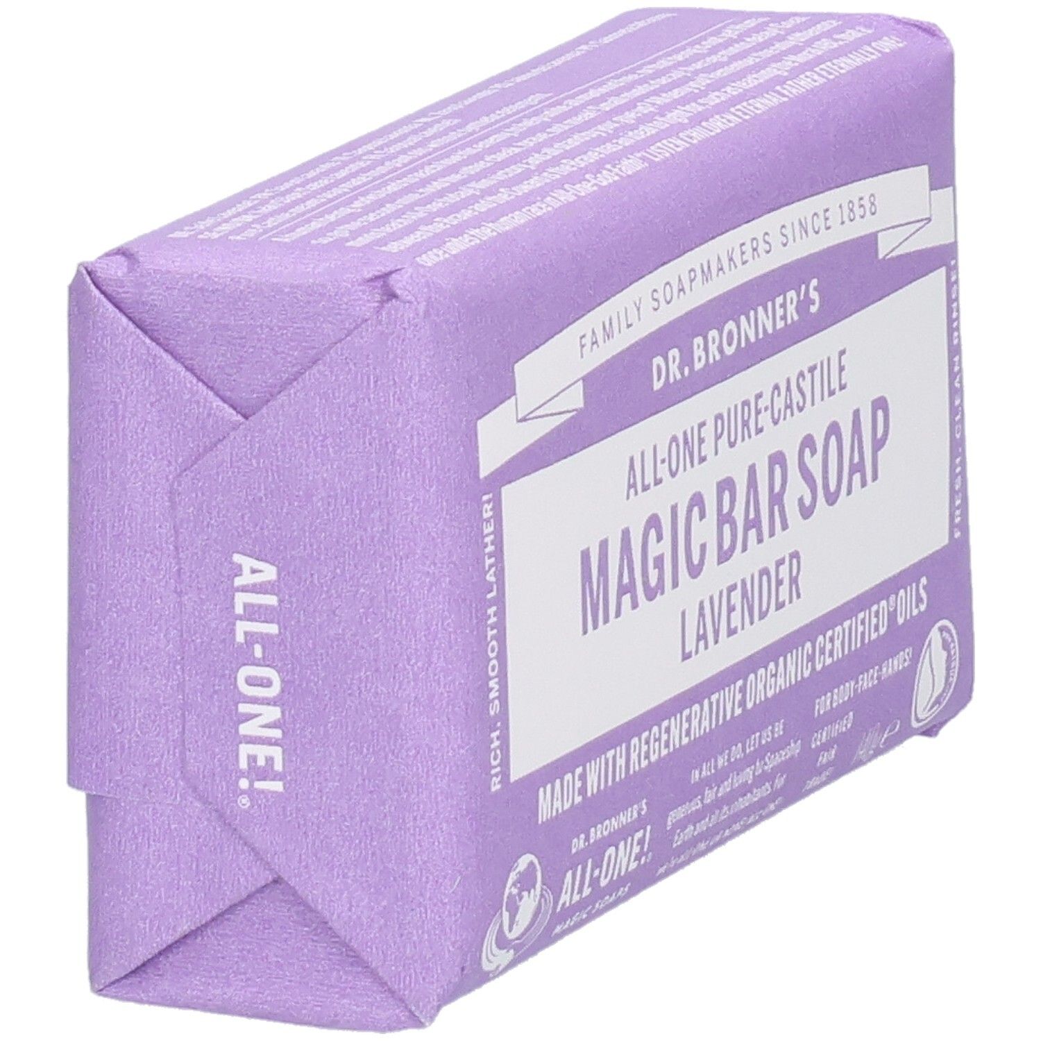 Savon violet emballé. Inscription: Dr. Bronner's Magic Bar Soap Lavender. Vue latérale.