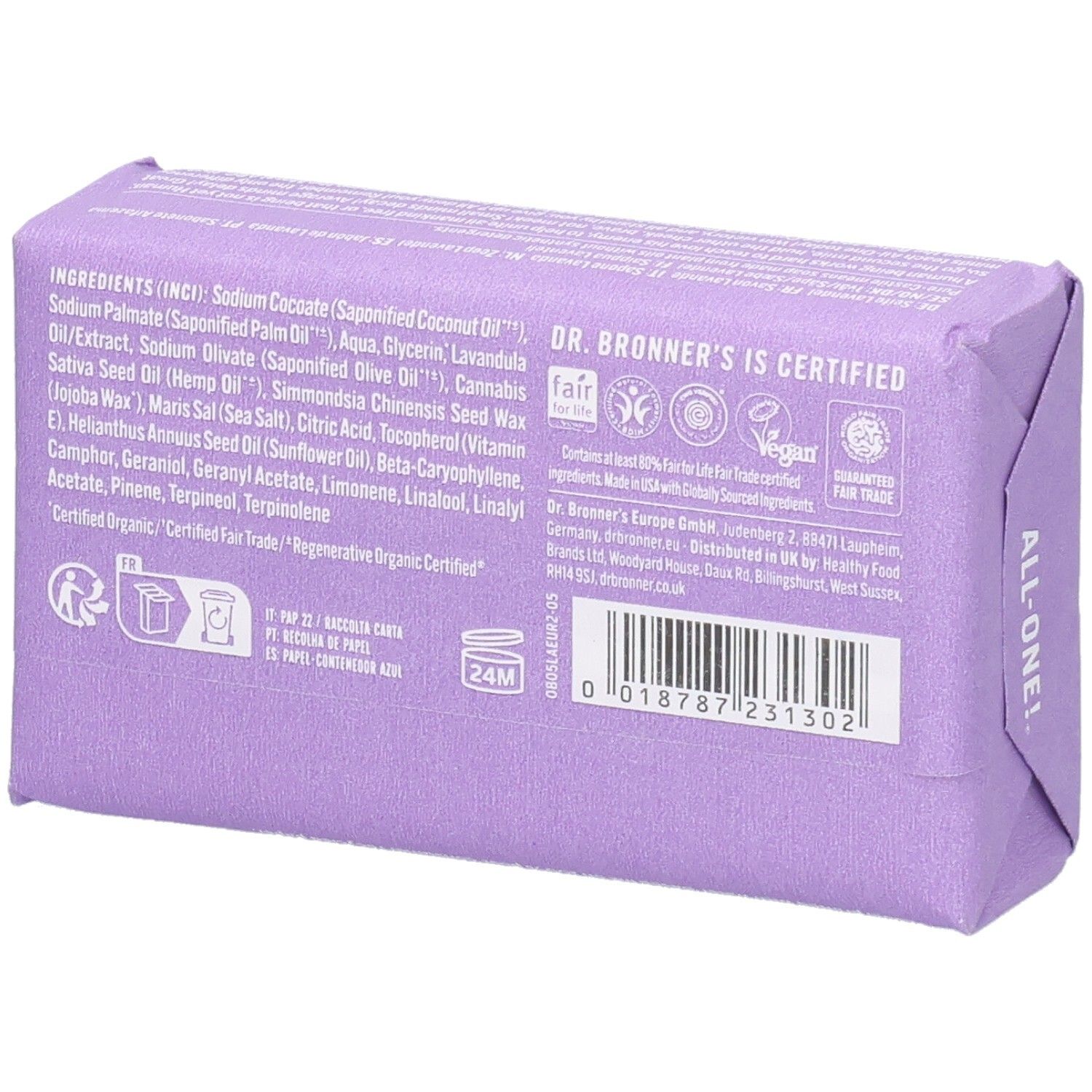 Dos de l'emballage du savon. Ingrédients, certifications et informations de Dr. Bronner's.