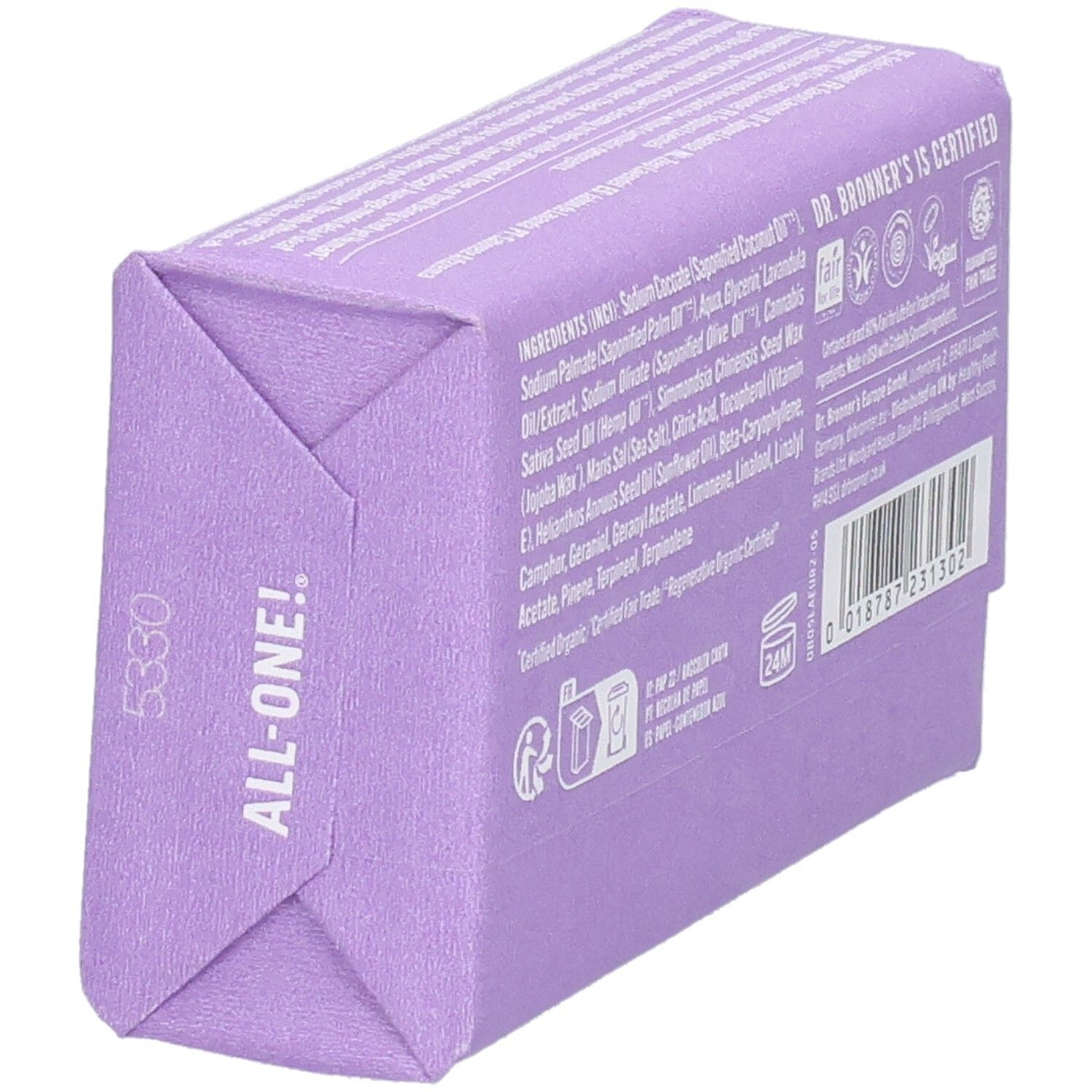 Dos de l'emballage du savon. Ingrédients, certifications et informations de Dr. Bronner's. Vue latérale.