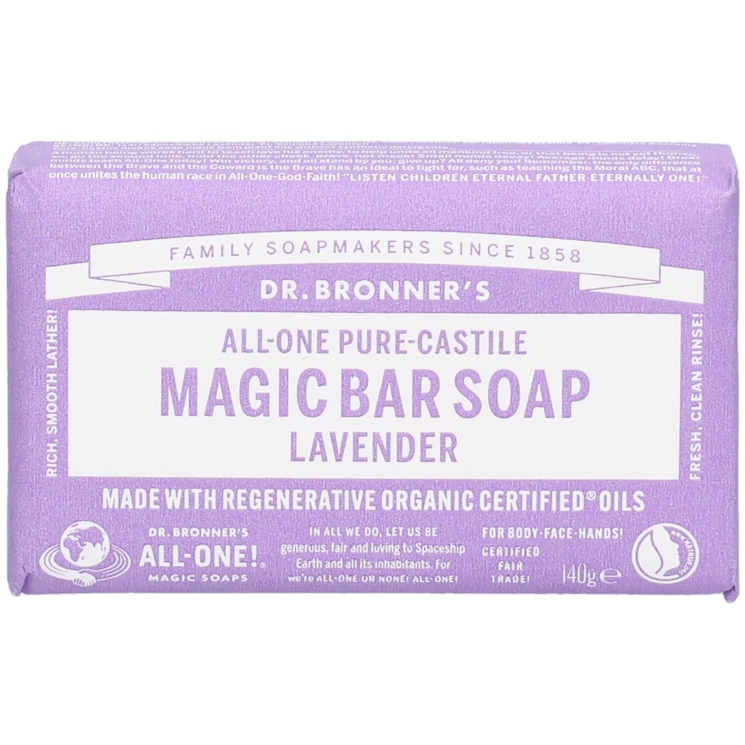 Savon violet emballé. Inscription: Dr. Bronner's Magic Bar Soap Lavender. Vue de dessus.