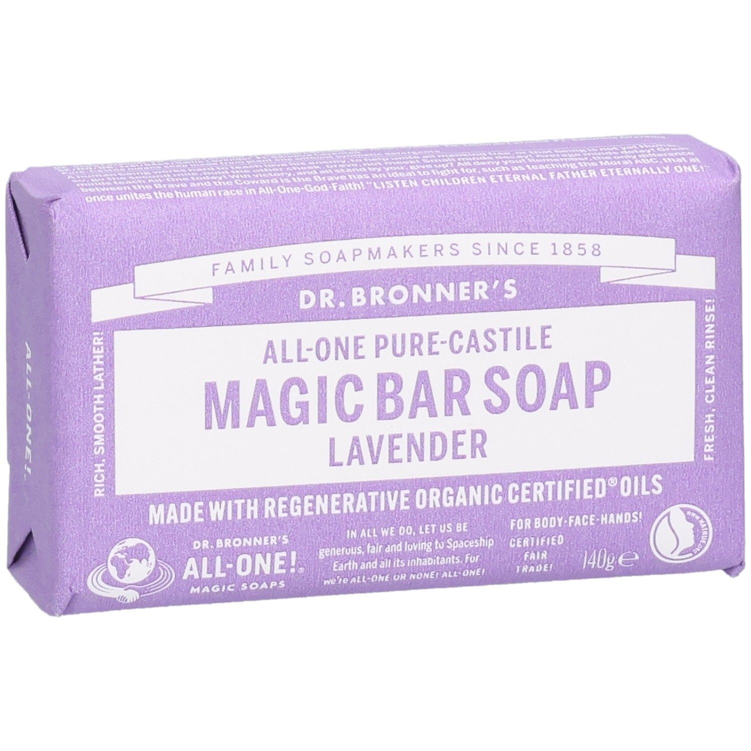 Savon violet emballé. Inscription: Dr. Bronner's Magic Bar Soap Lavender. Vue de dessus.
