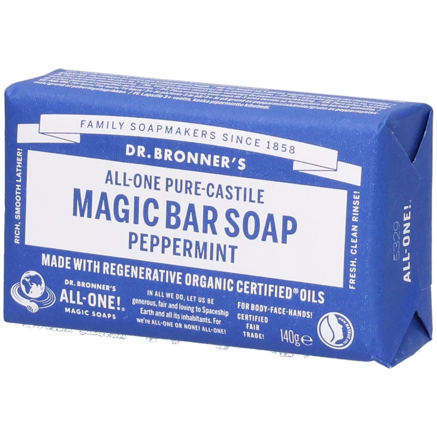 Savon emballé bleu. Inscription: Dr. Bronner's Magic Bar Soap Peppermint. Avec label Fair Trade et 140g.