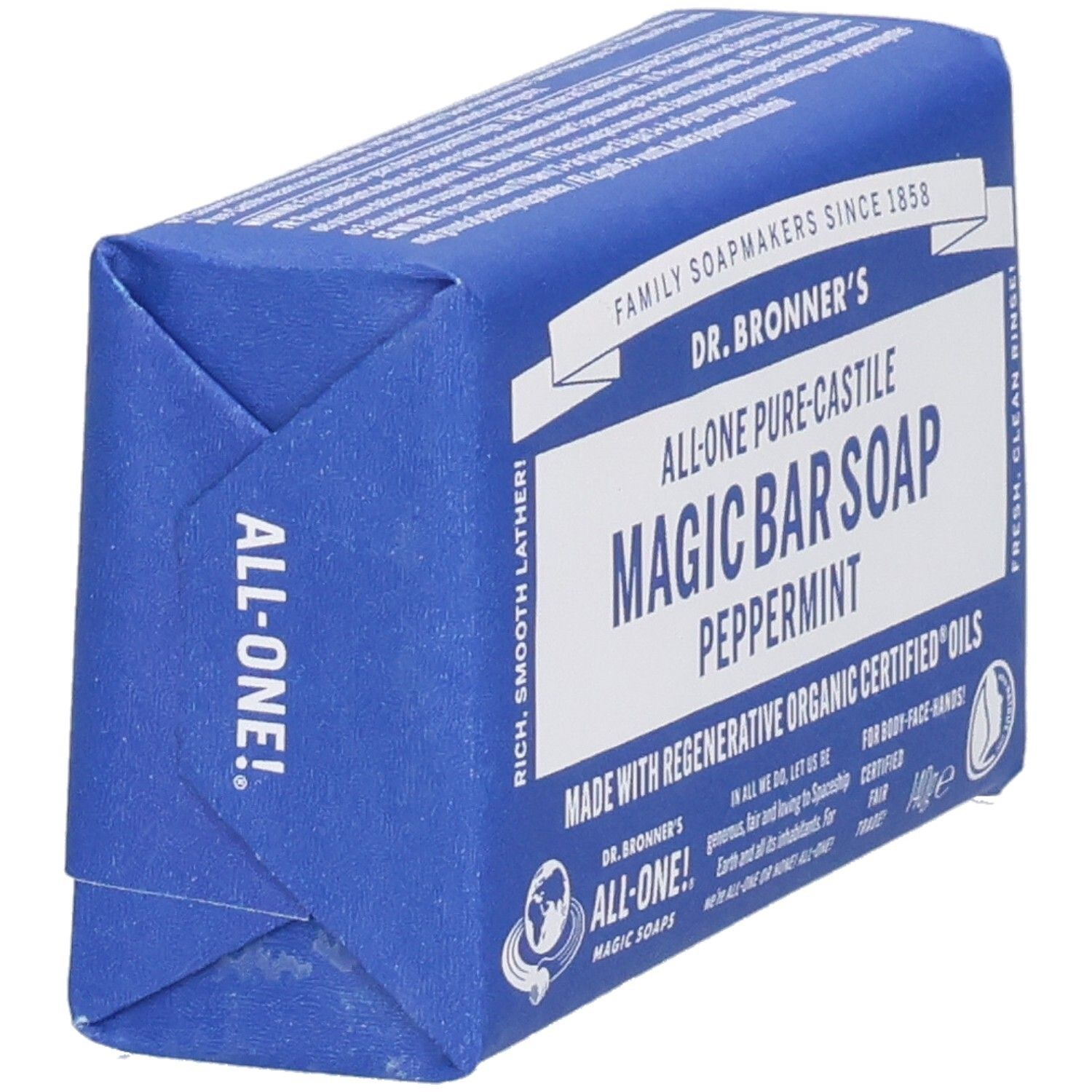 Savon emballé bleu. Inscription: Dr. Bronner's Magic Bar Soap Peppermint. Vue latérale.
