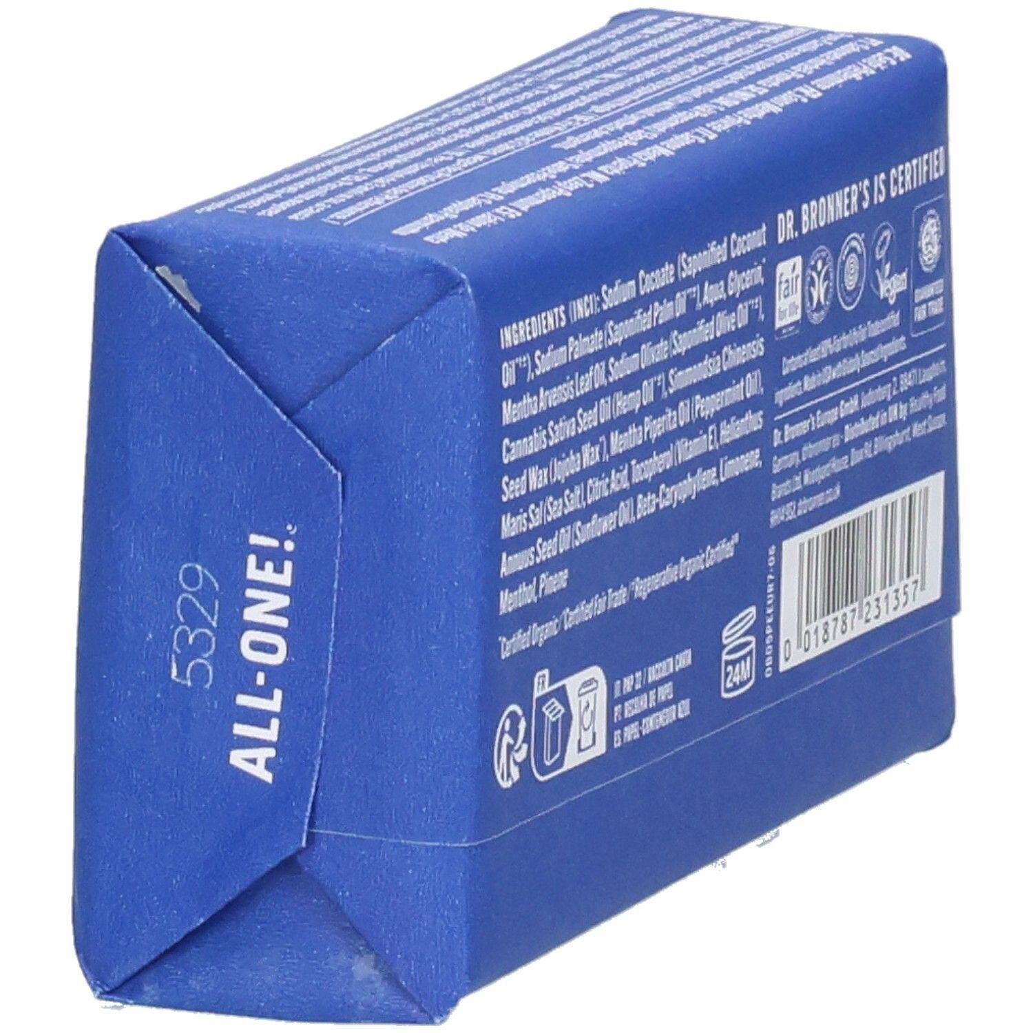 Dos du savon emballé bleu. Liste des ingrédients et certifications. Vue latérale.