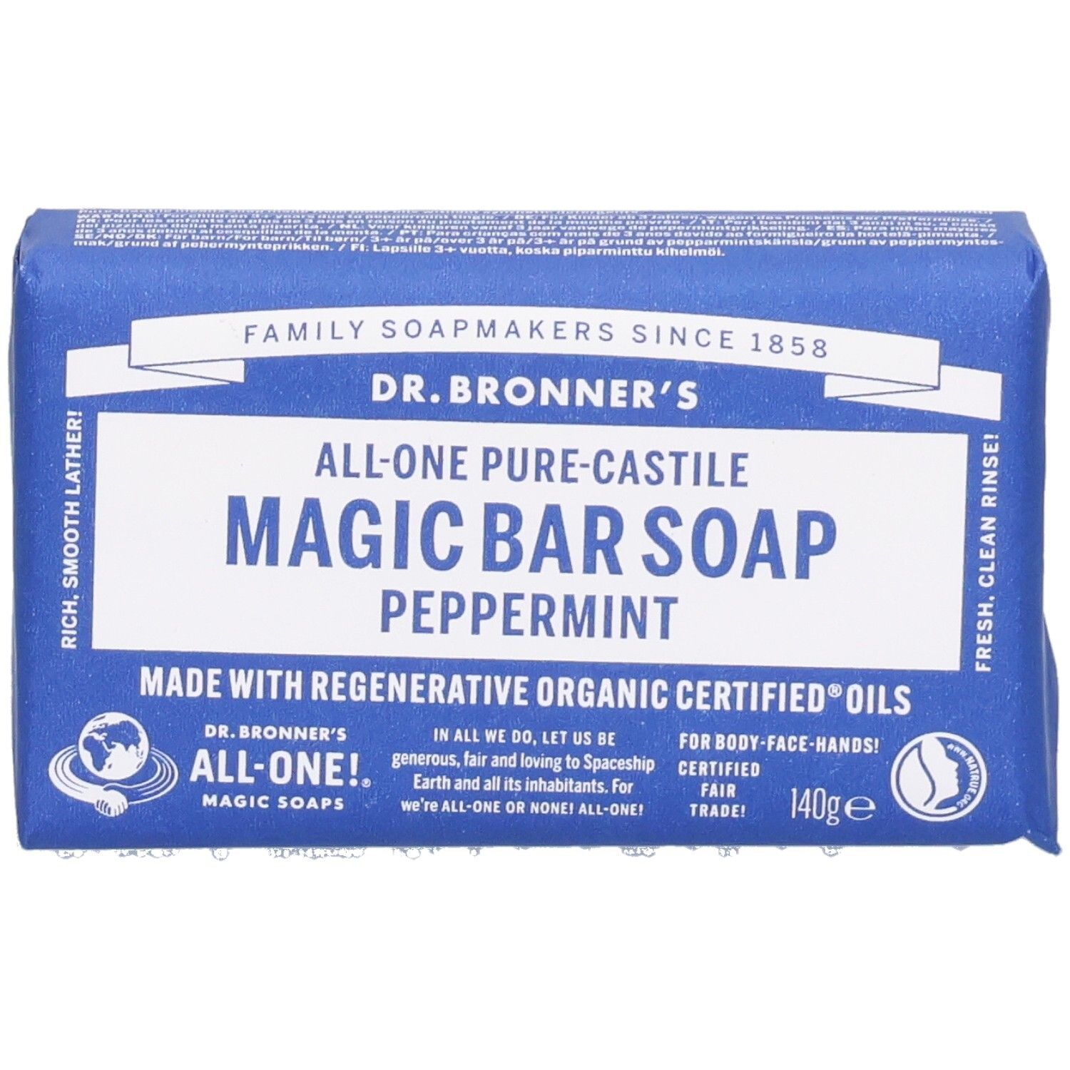 Savon emballé bleu. Inscription: Dr. Bronner's Magic Bar Soap Peppermint. Avec label Fair Trade et 140g.