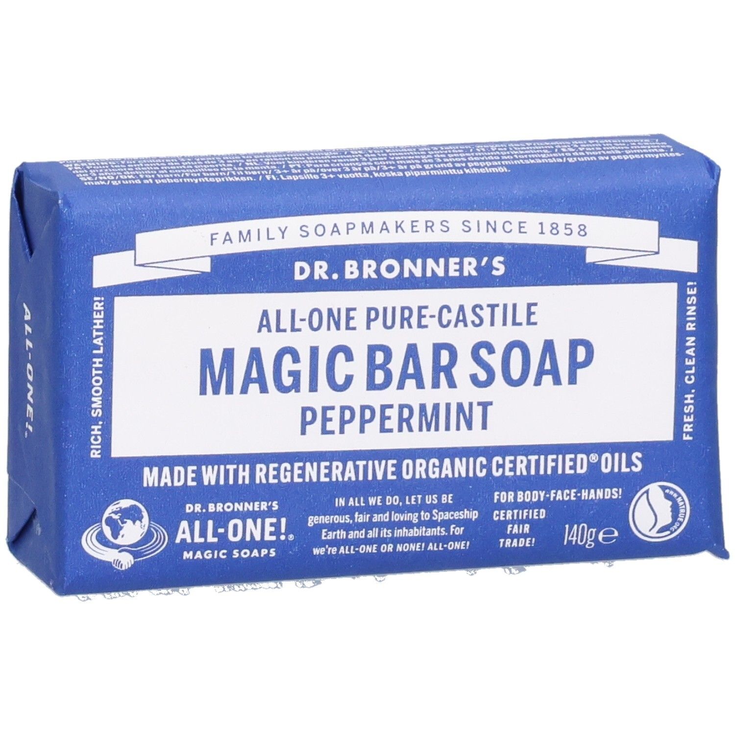 Savon emballé bleu. Inscription: Dr. Bronner's Magic Bar Soap Peppermint. Avec label Fair Trade et 140g.