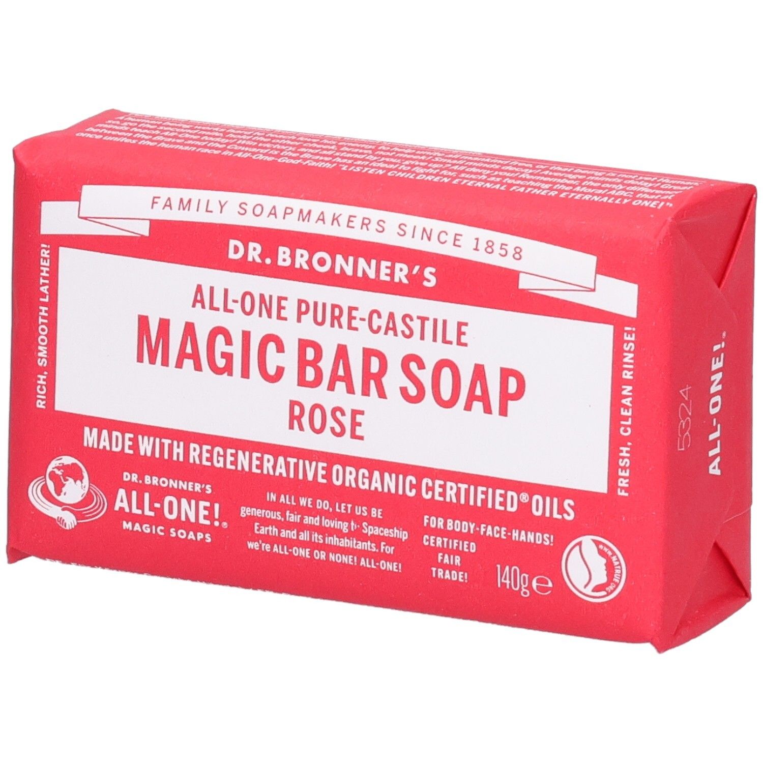 Savon rose emballé. Inscription: Dr. Bronner's Magic Bar Soap Rose. Label Fair Trade visible.