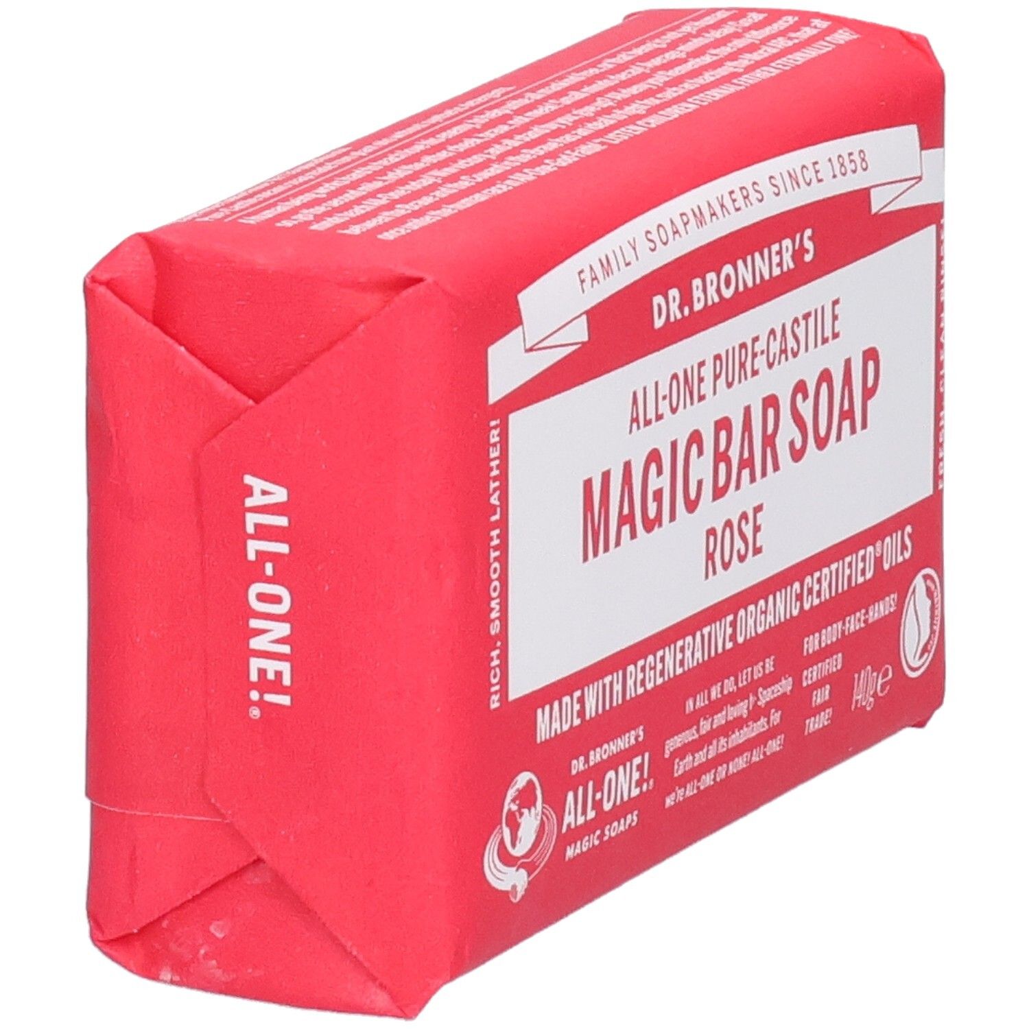 Savon rose emballé. Inscription: Dr. Bronner's Magic Bar Soap Rose. Vue de côté.