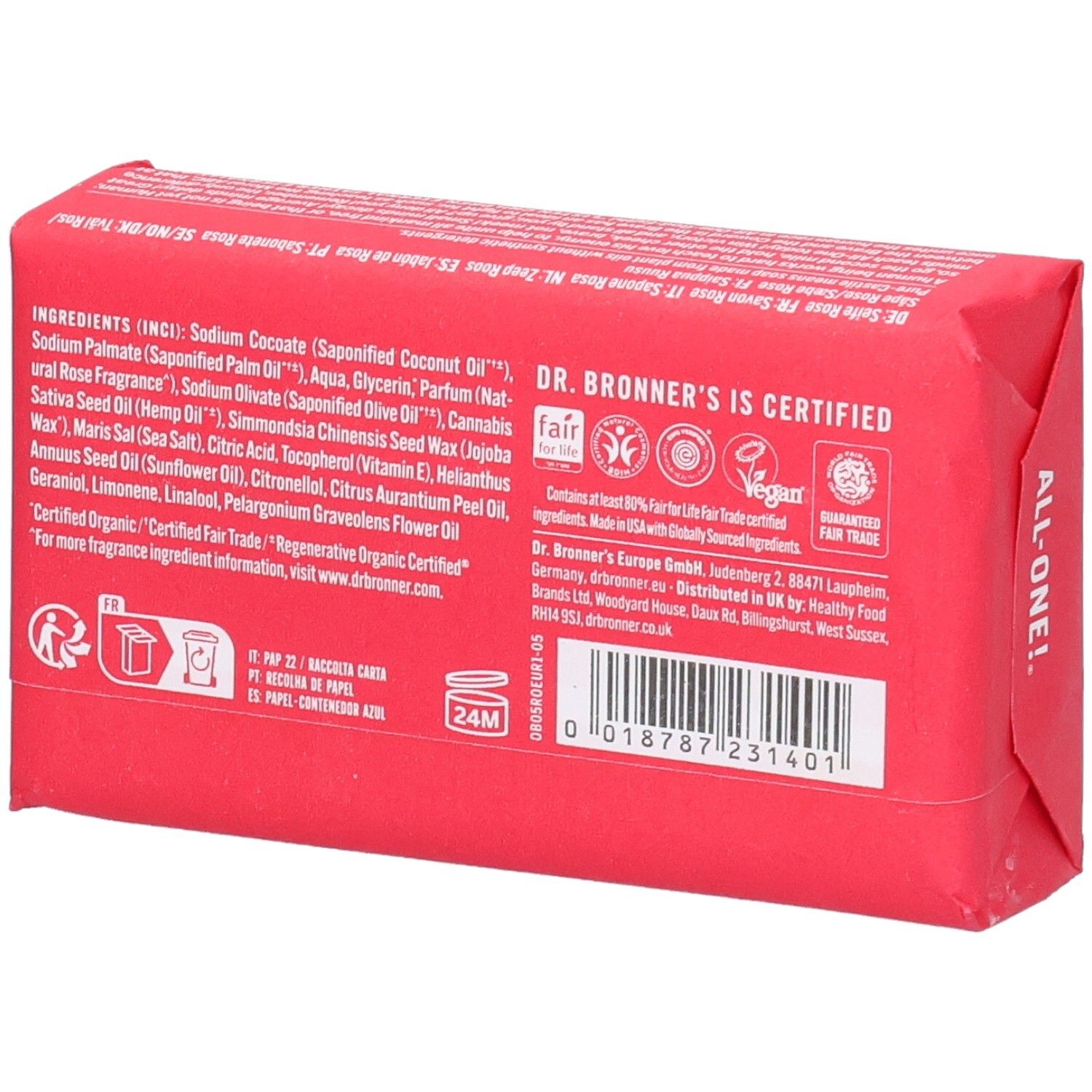 Savon rose emballé. Dos avec ingrédients et certifications. Label Fair Trade.