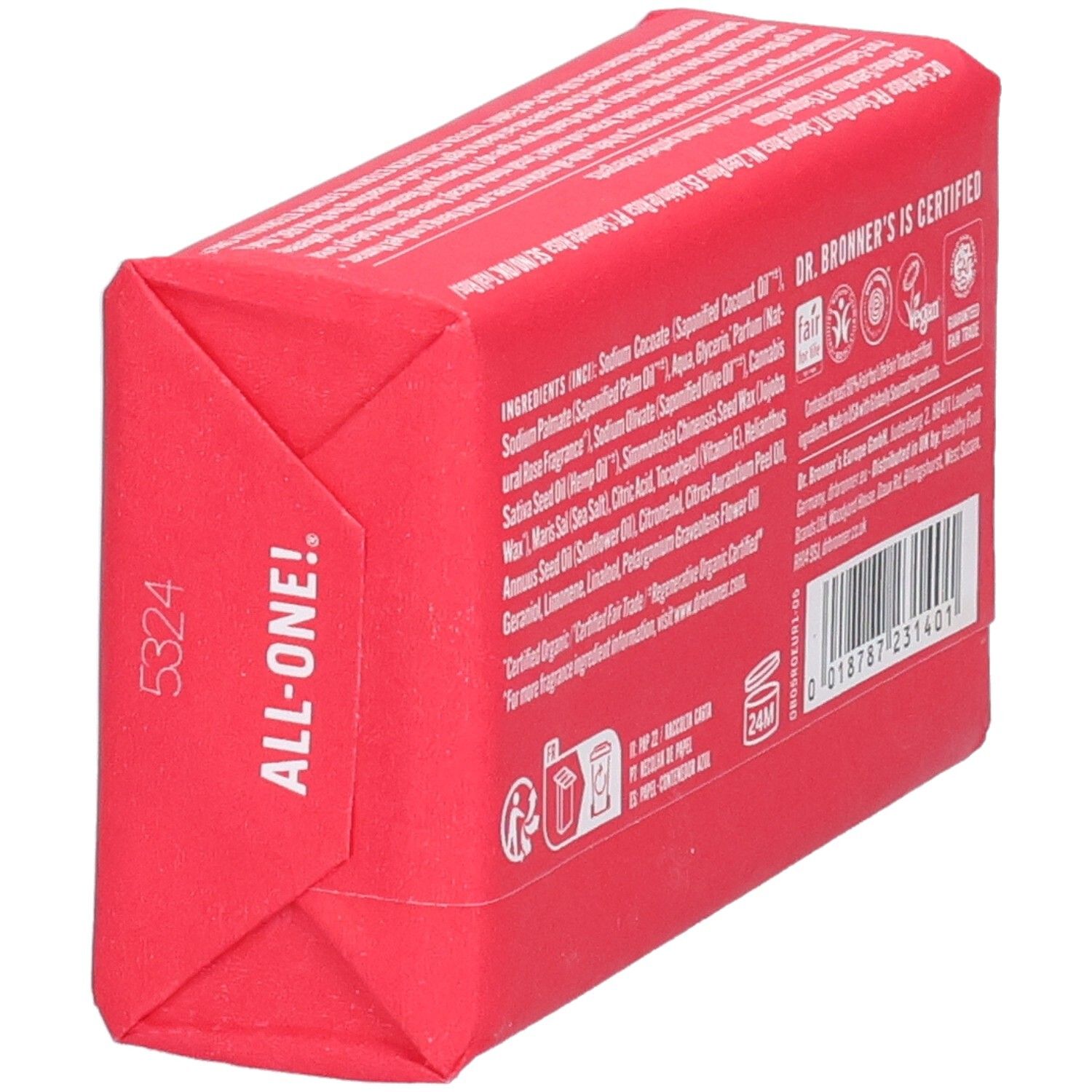 Savon rose emballé. Dos avec ingrédients et certifications. Vue de côté.