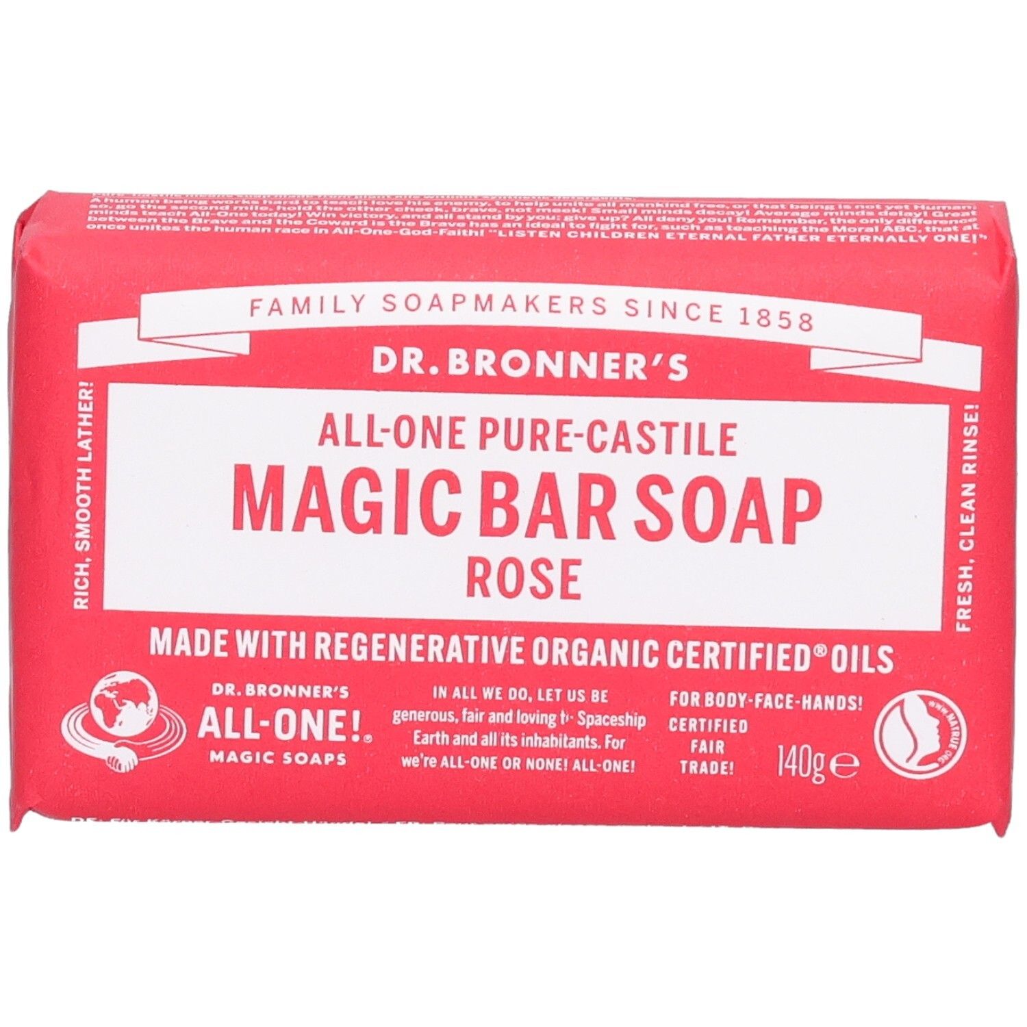 Savon rose emballé. Inscription: Dr. Bronner's Magic Bar Soap Rose. Label Fair Trade visible.
