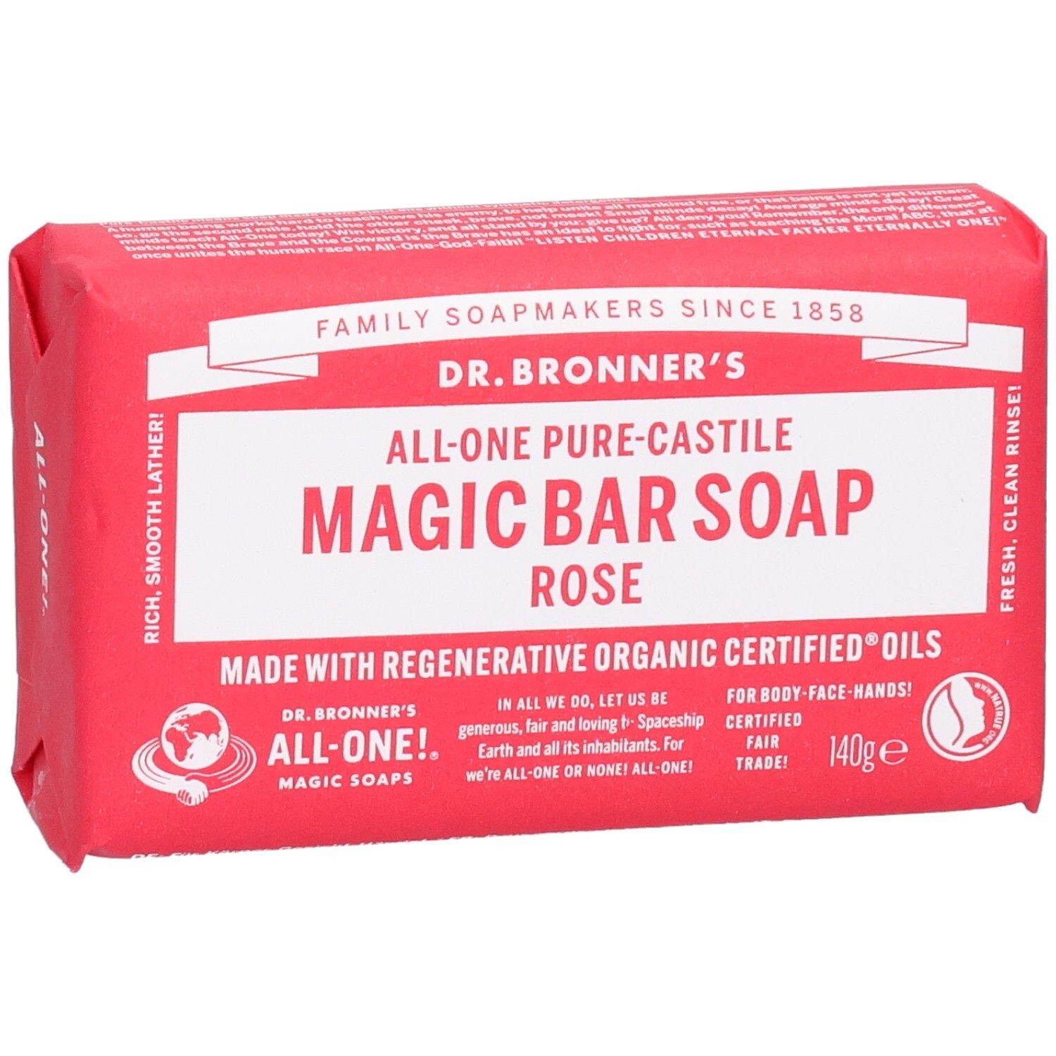 Savon rose emballé. Inscription: Dr. Bronner's Magic Bar Soap Rose. Label Fair Trade visible.