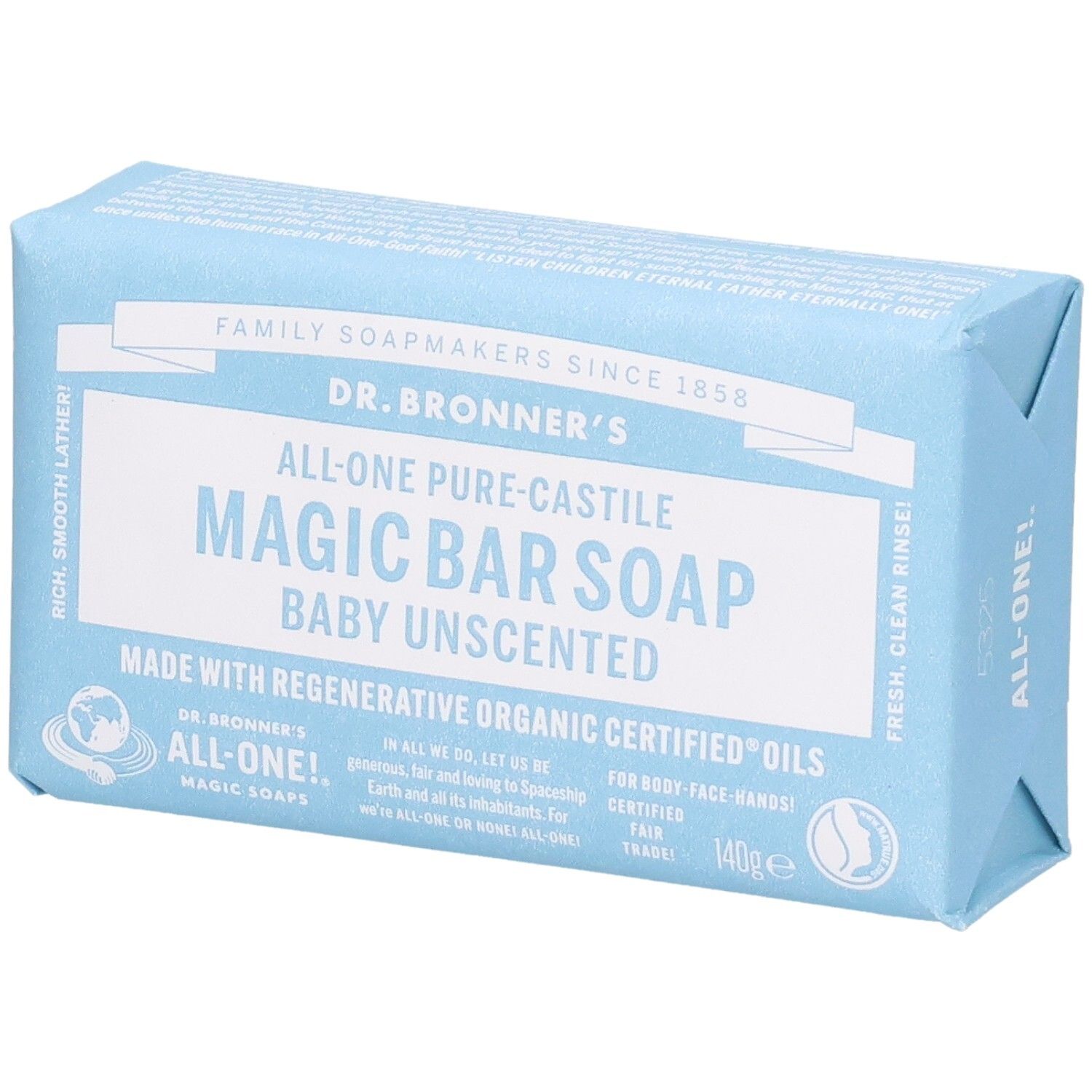 Savon emballé bleu clair. Inscription: Dr. Bronner's Magic Bar Soap Baby Unscented. Avec certifications.