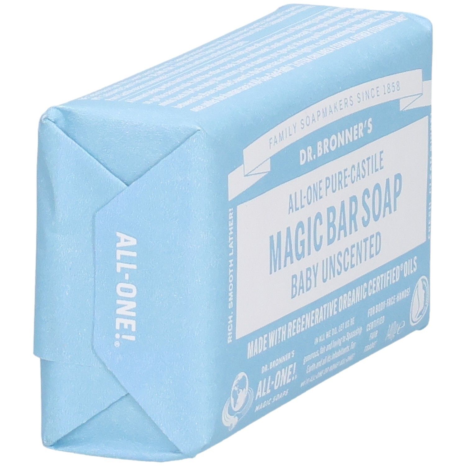 Savon emballé bleu clair. Inscription: Dr. Bronner's Magic Bar Soap Baby Unscented. Vue de côté.