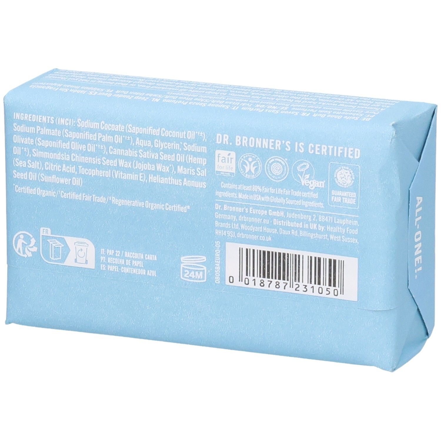 Dos du savon emballé bleu clair. Liste des ingrédients et certifications visibles. Code-barres.