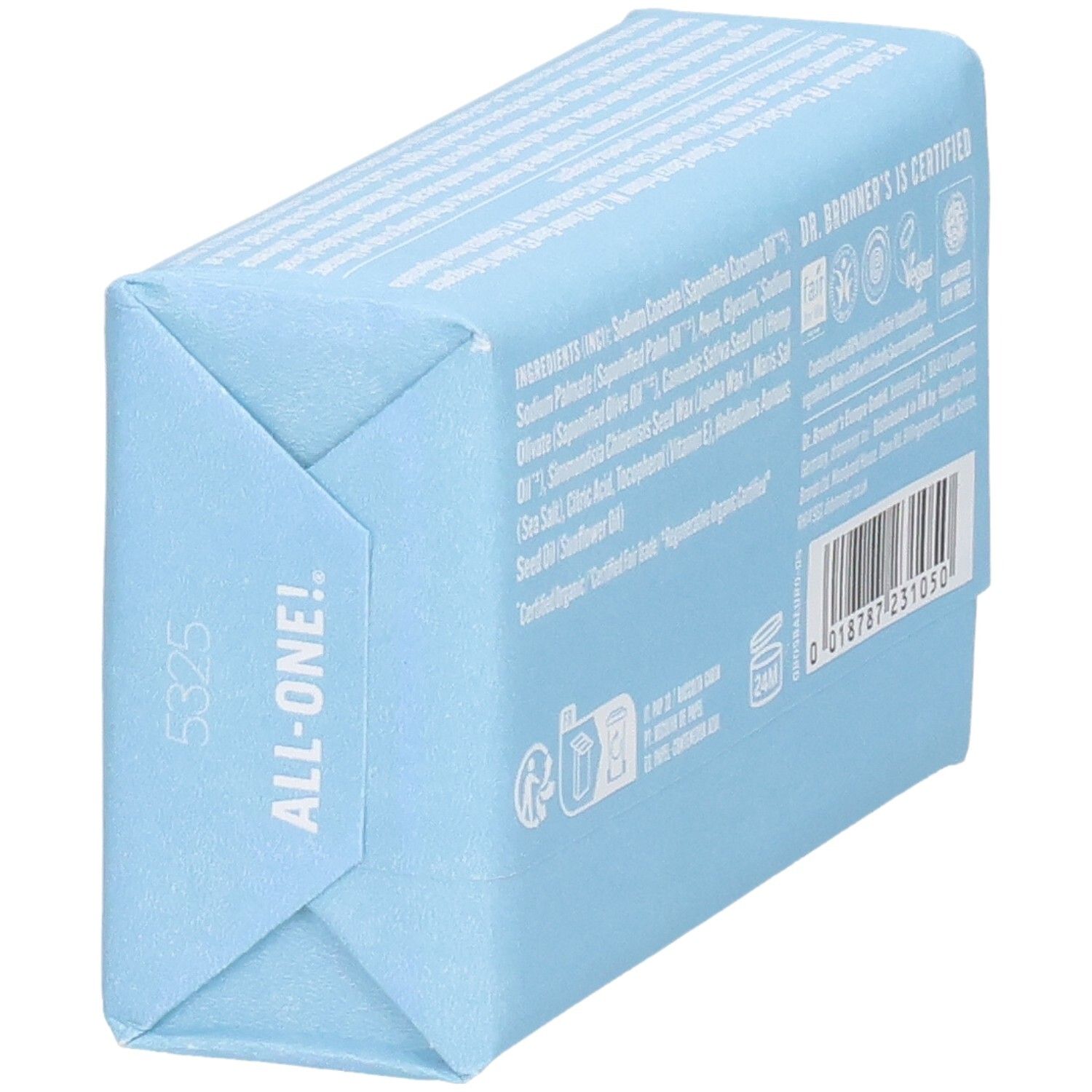 Savon emballé bleu clair. Ingrédients et certifications visibles. Code-barres. Vue de côté.