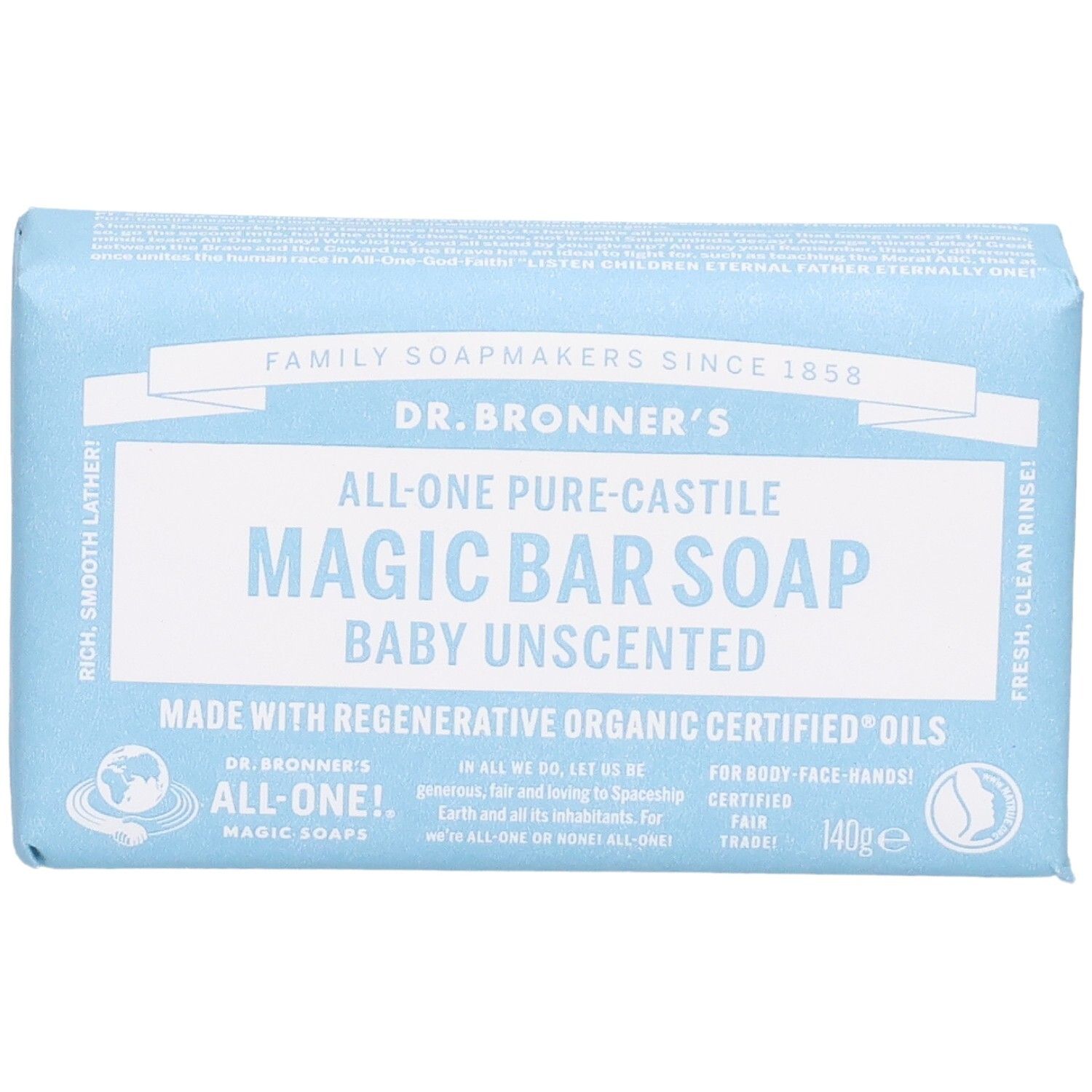 Savon emballé bleu clair. Inscription: Dr. Bronner's Magic Bar Soap Baby Unscented. 140g. Certifications.