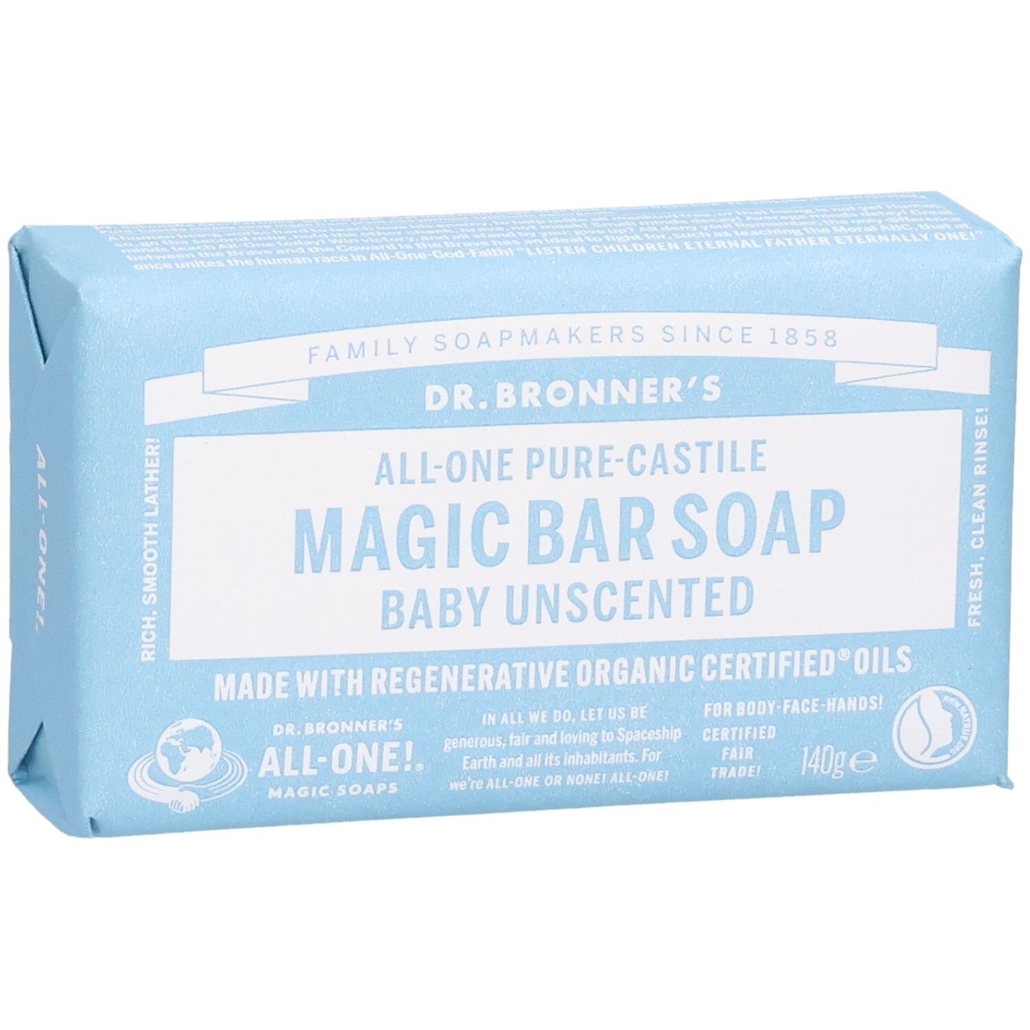 Savon emballé bleu clair. Inscription: Dr. Bronner's Magic Bar Soap Baby Unscented. 140g. Certifications.