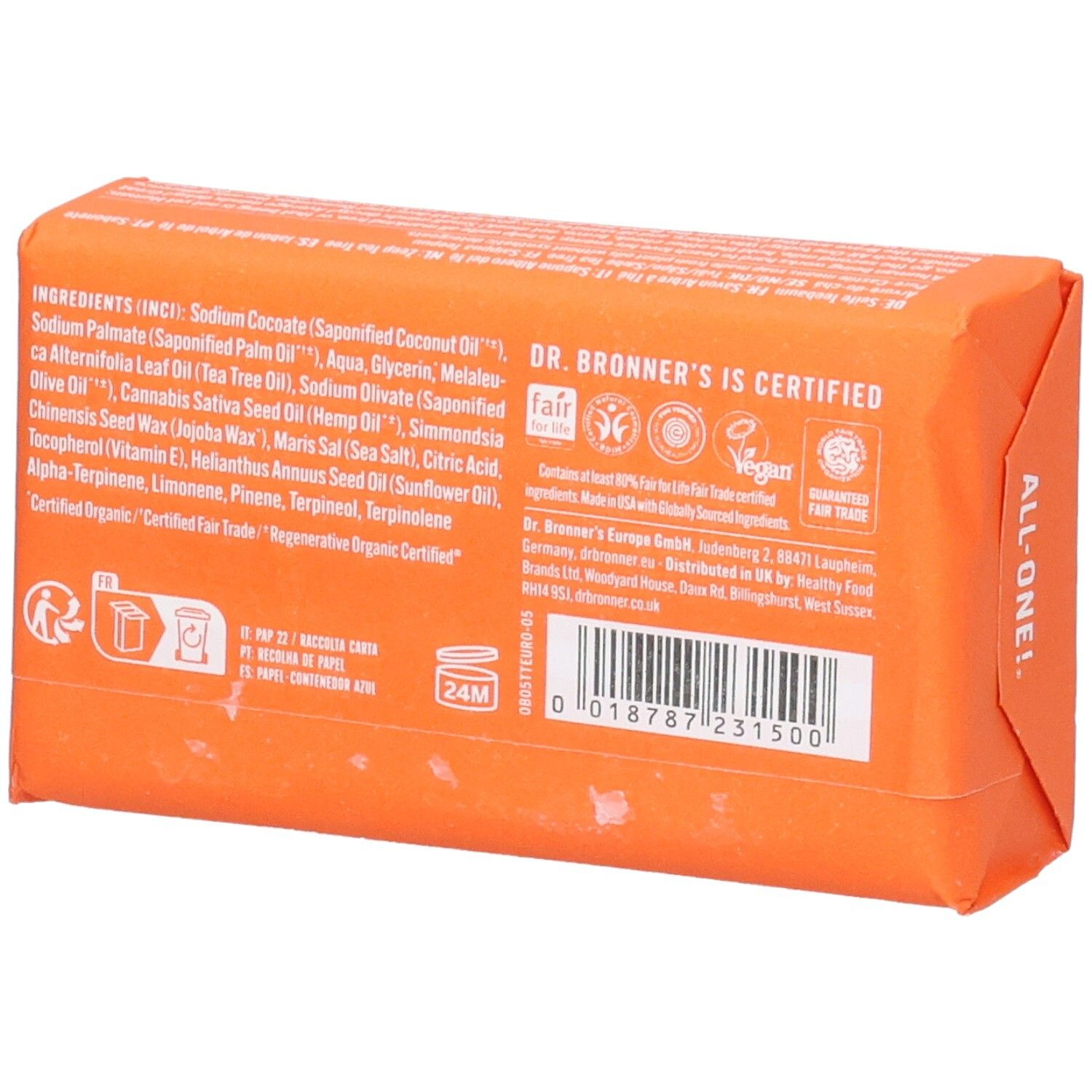 Dos de l'emballage du savon. Ingrédients et certifications imprimés. Code-barres.
