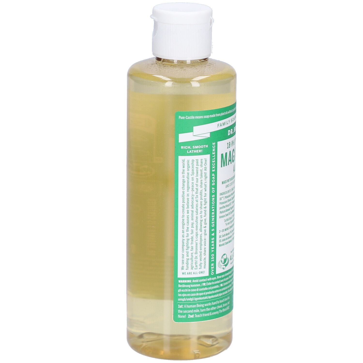 Vue arrière du flacon de savon liquide. Étiquettes vertes avec texte. Bouchon blanc. Liquide transparent.