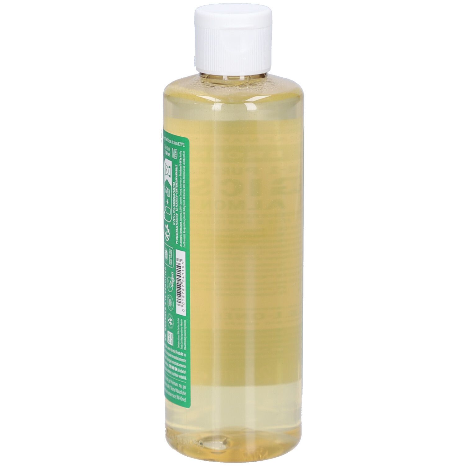 Vue latérale du flacon de savon liquide. Étiquettes vertes avec texte. Bouchon blanc. Liquide transparent.