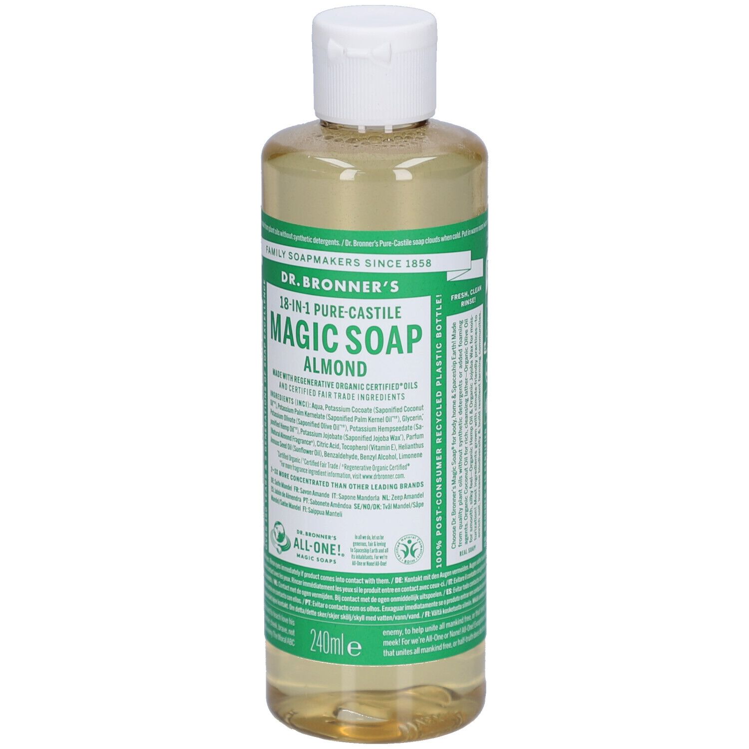 Savon liquide en flacon transparent à bouchon blanc. Inscription: DR. BRONNER'S MAGIC SOAP ALMOND. 240ml.