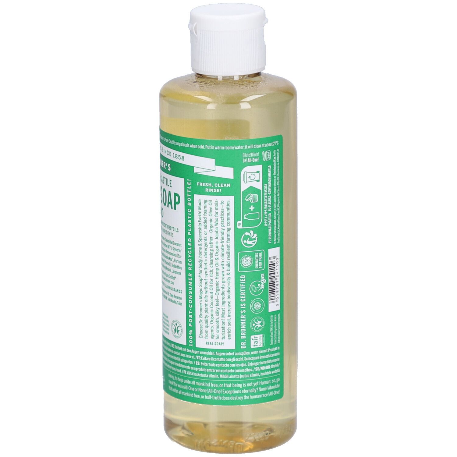 Vue arrière du flacon de savon liquide. Étiquettes vertes avec texte. Bouchon blanc. Liquide transparent.