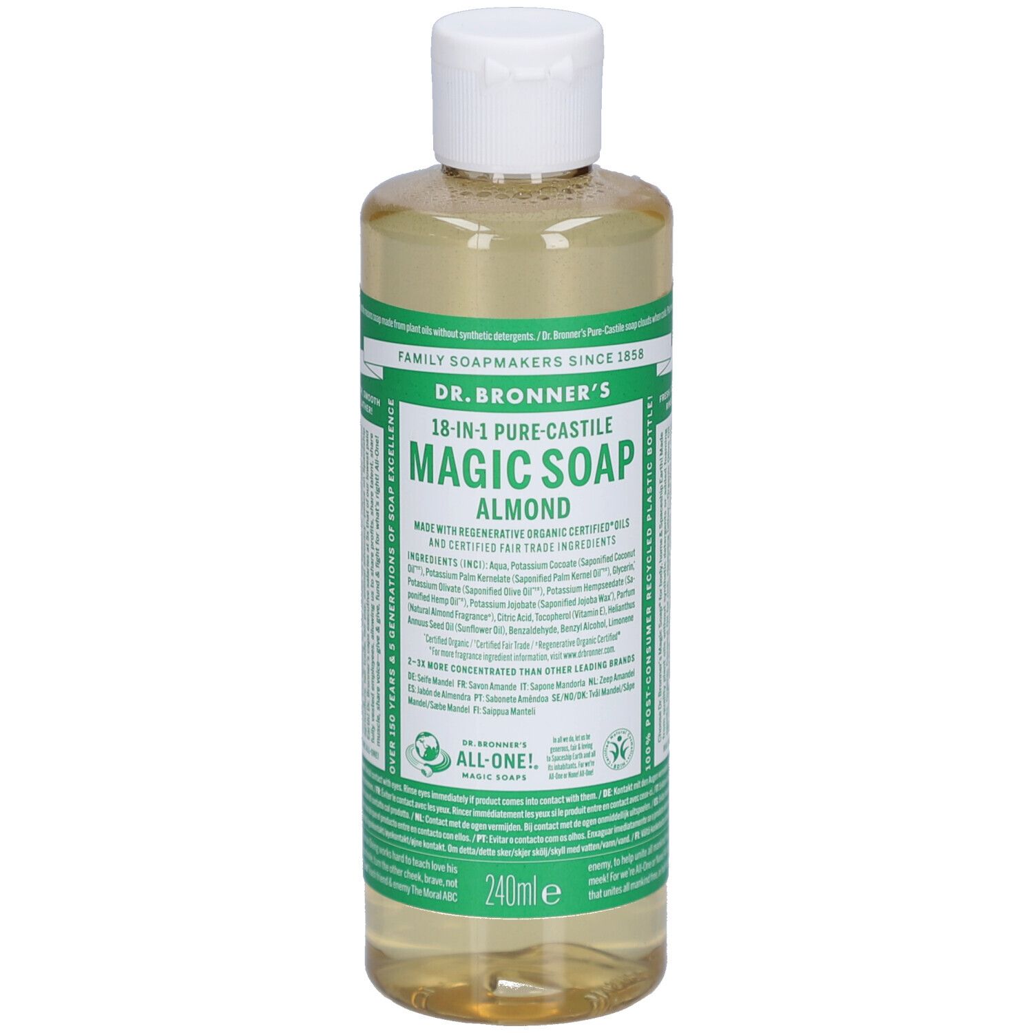 Savon liquide en flacon transparent à bouchon blanc. Inscription: DR. BRONNER'S MAGIC SOAP ALMOND. 240ml.