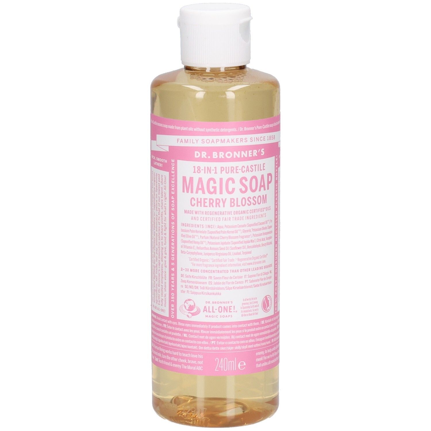 Savon liquide clair en bouteille plastique avec bouchon blanc. Étiquette rose avec nom du produit et informations.