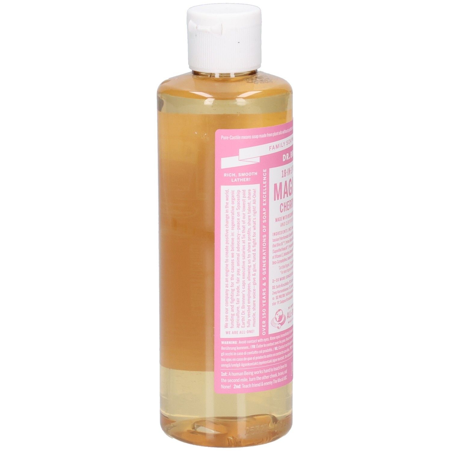 Vue latérale de la bouteille de savon liquide. Étiquette rose avec texte. Bouchon blanc. Liquide clair visible.