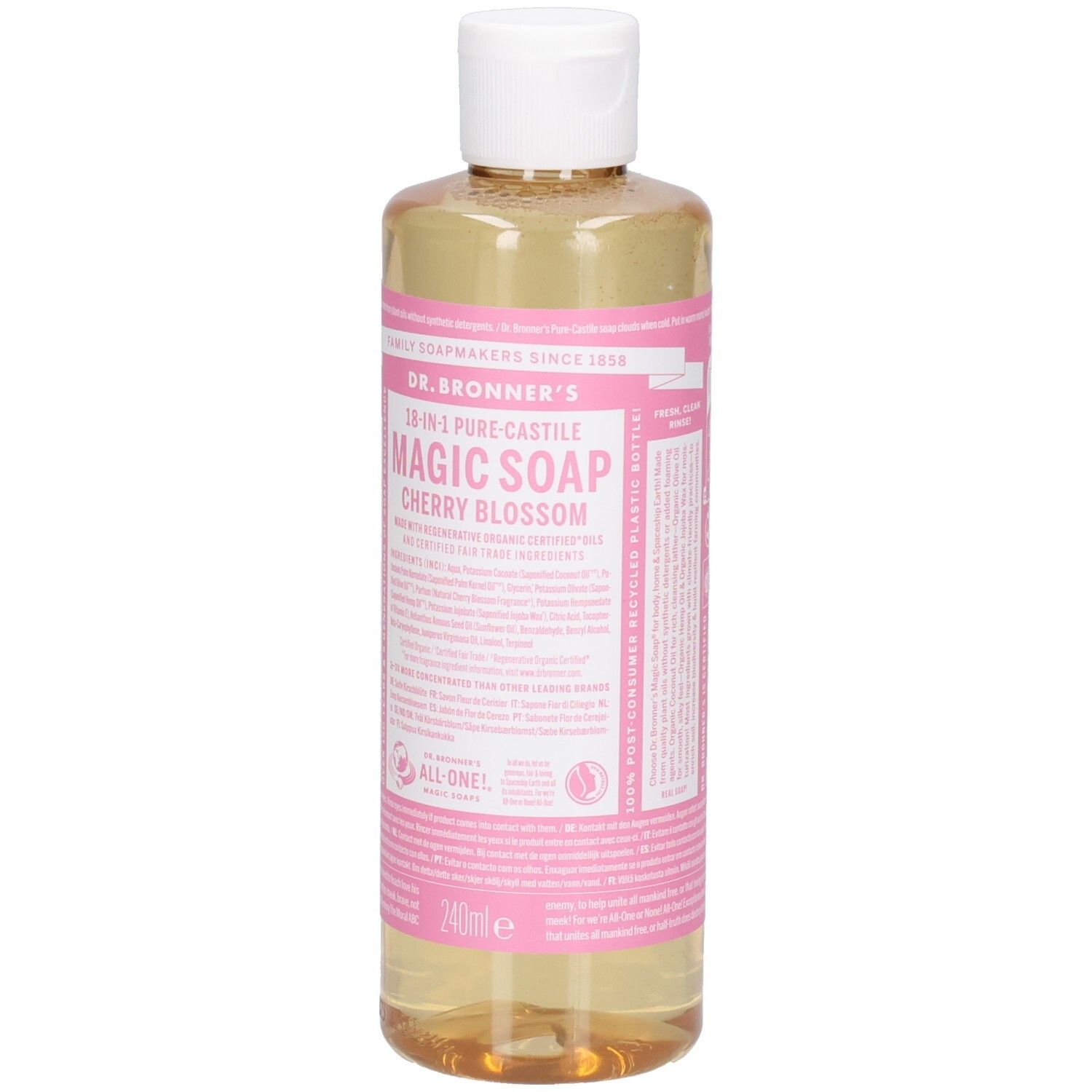 Savon liquide en bouteille plastique avec bouchon blanc. Étiquette rose avec nom du produit et informations.