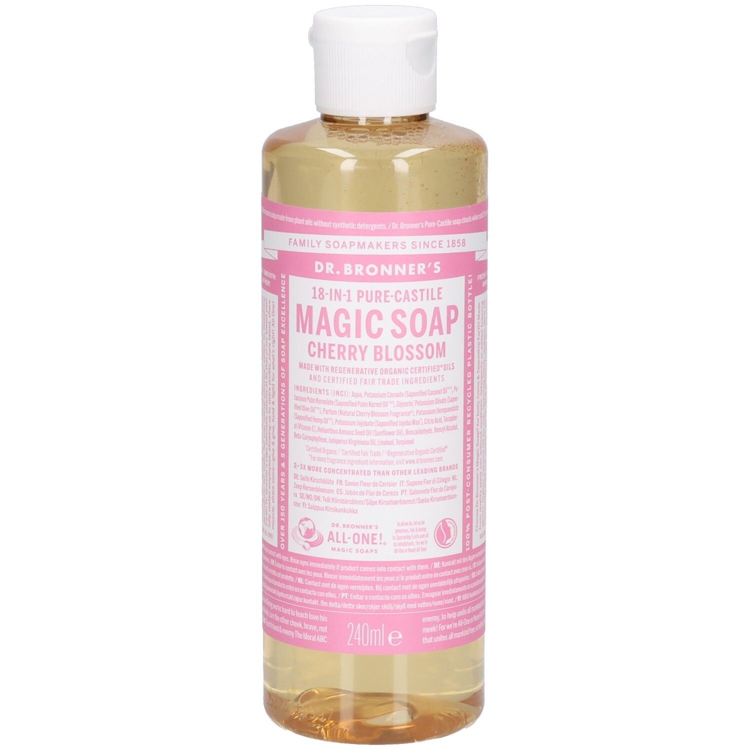 Savon liquide en bouteille plastique avec bouchon blanc. Étiquette rose avec nom du produit et informations.