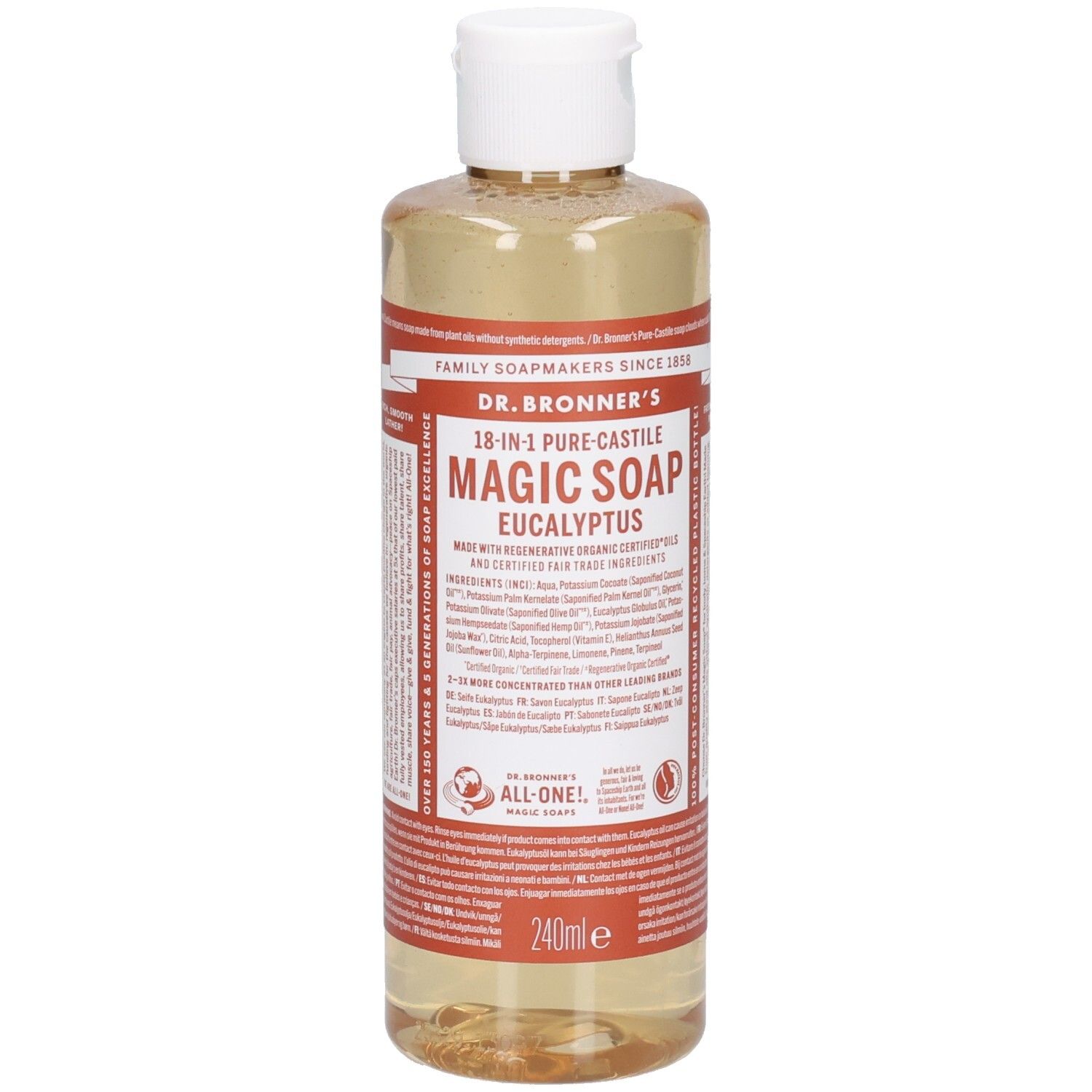 Savon liquide en flacon transparent à bouchon blanc. Étiquette avec nom du produit et ingrédients. 240ml.