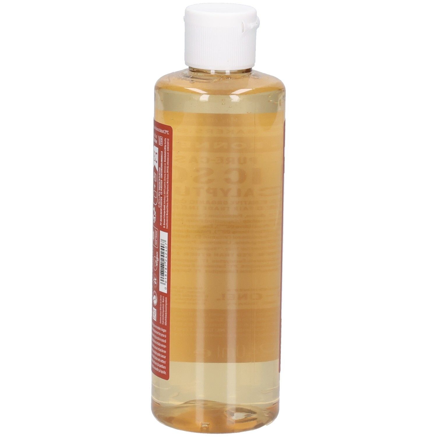 Savon liquide en flacon transparent à bouchon blanc. Vue latérale de l'étiquette avec informations sur le produit.