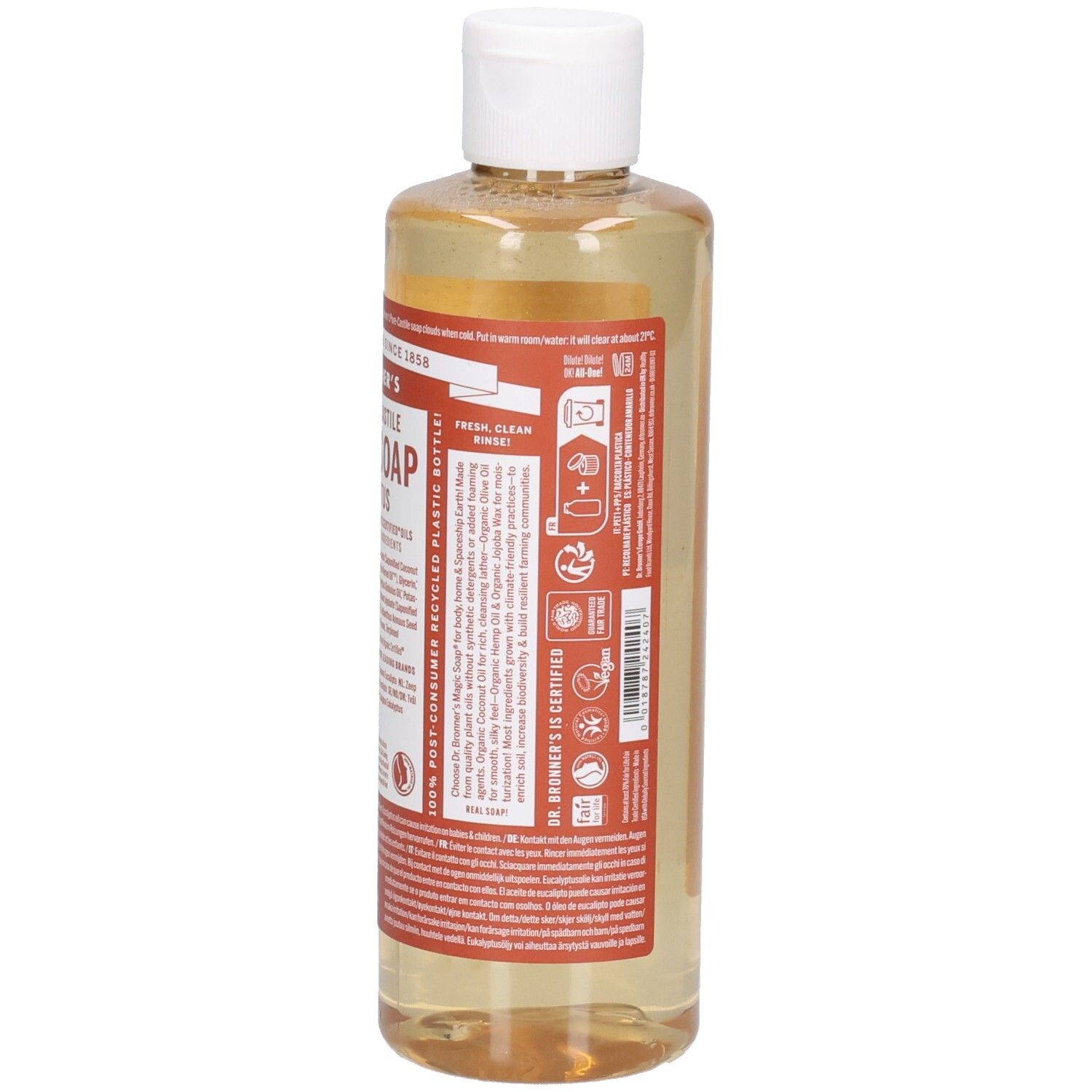 Savon liquide en flacon transparent à bouchon blanc. Étiquette avec nom du produit et ingrédients. Vue arrière.