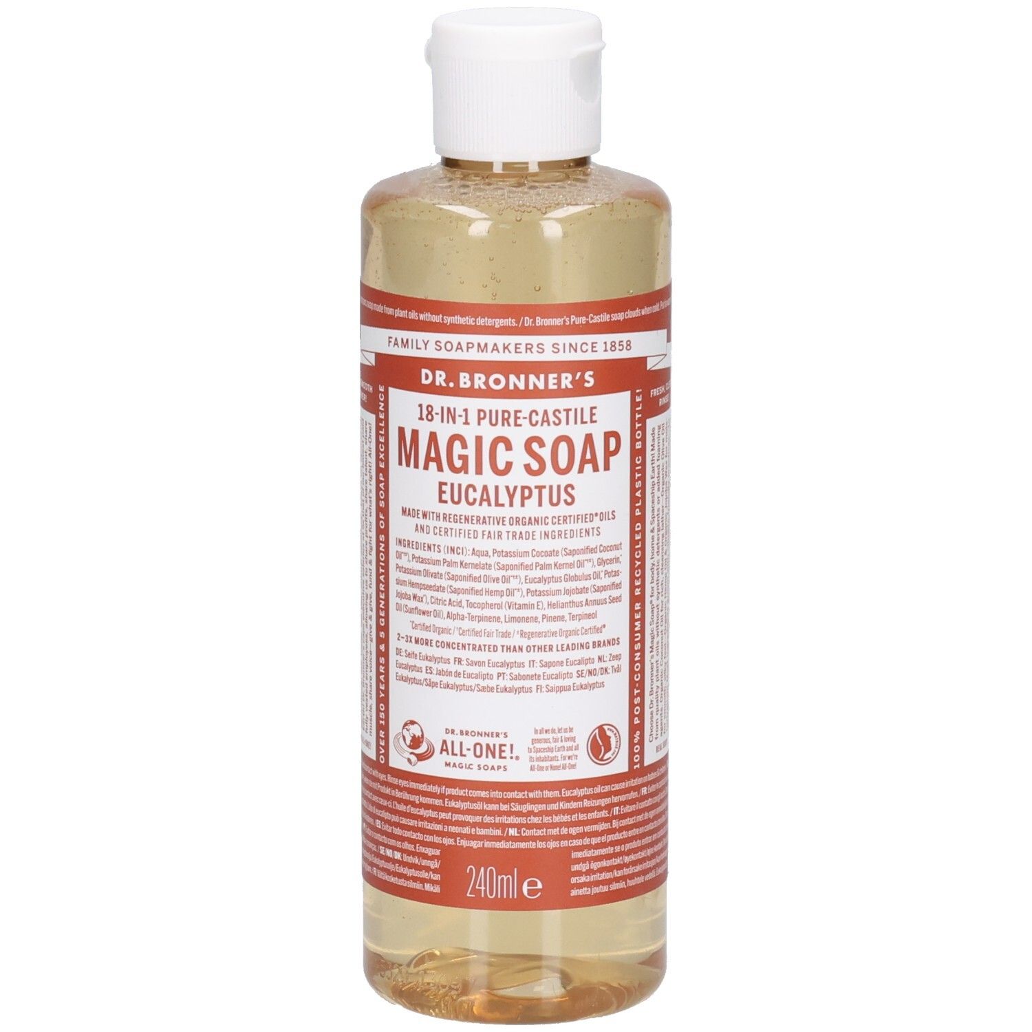 Savon liquide en flacon transparent à bouchon blanc. Étiquette avec nom du produit et ingrédients. 240ml.