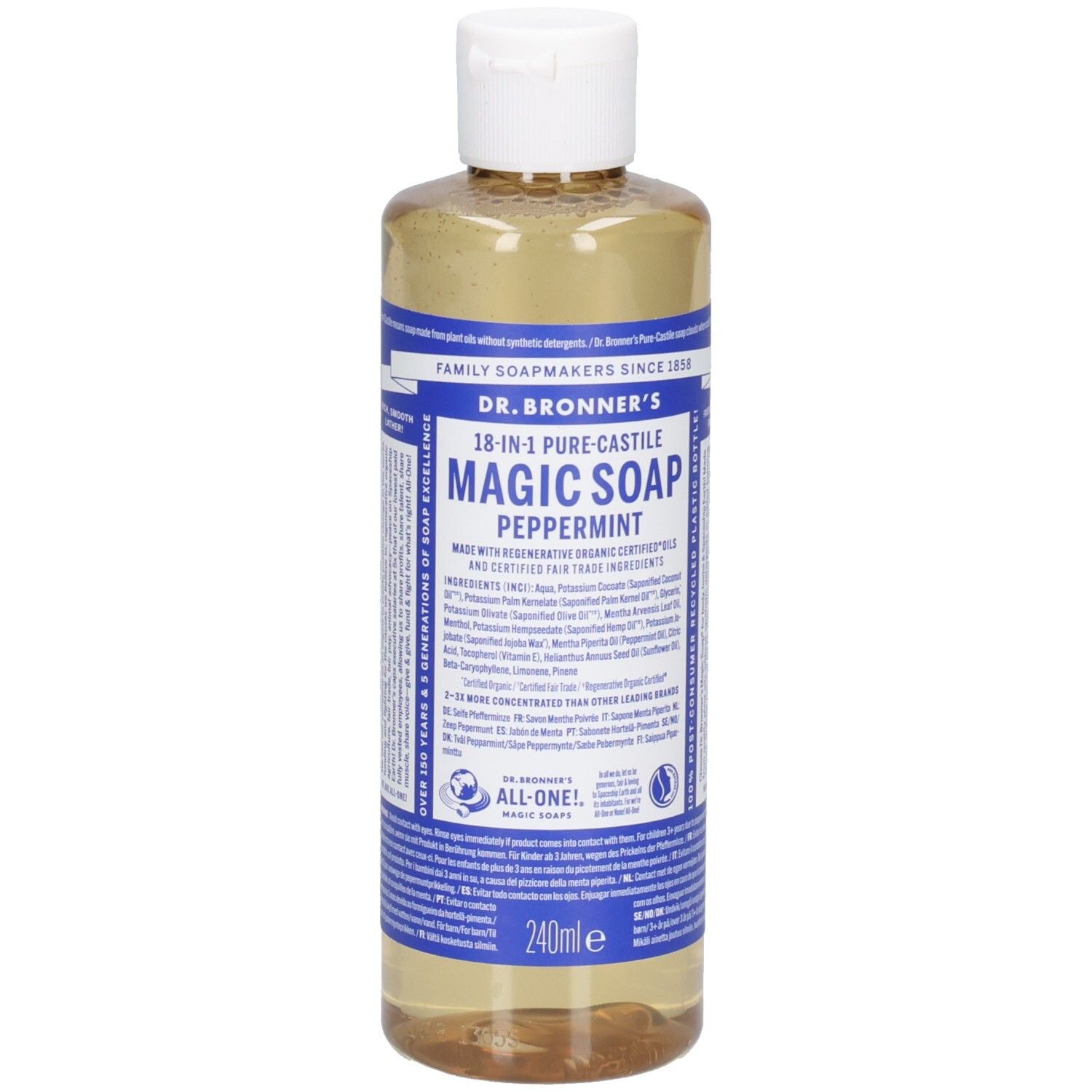 Bouteille de savon Dr. Bronner's Peppermint Magic, transparente avec bouchon blanc. Étiquettes bleues avec texte.