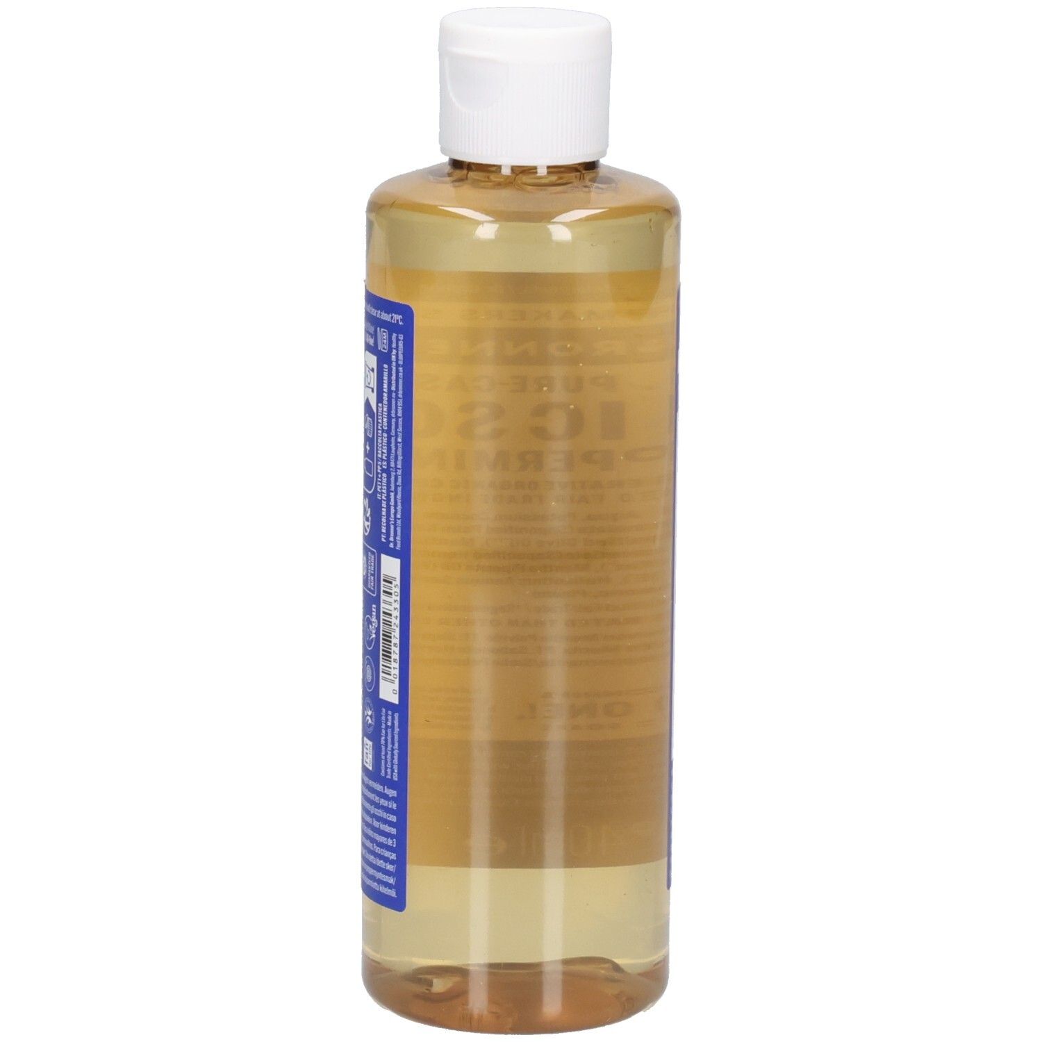 Vue latérale de la bouteille de savon Dr. Bronner's Peppermint Magic. Étiquettes bleues avec texte sur fond transparent.