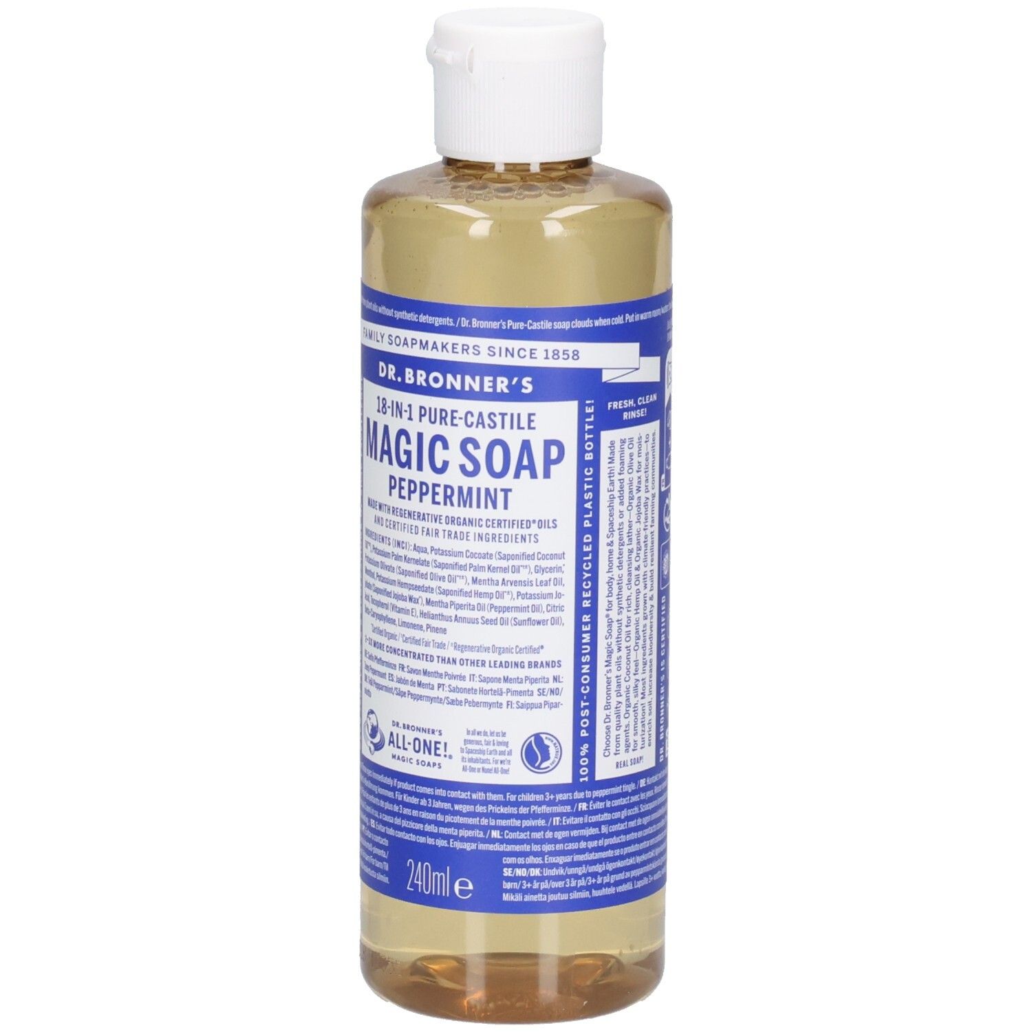 Bouteille de savon Dr. Bronner's Peppermint Magic, liquide transparent, bouchon blanc. Étiquettes bleues.