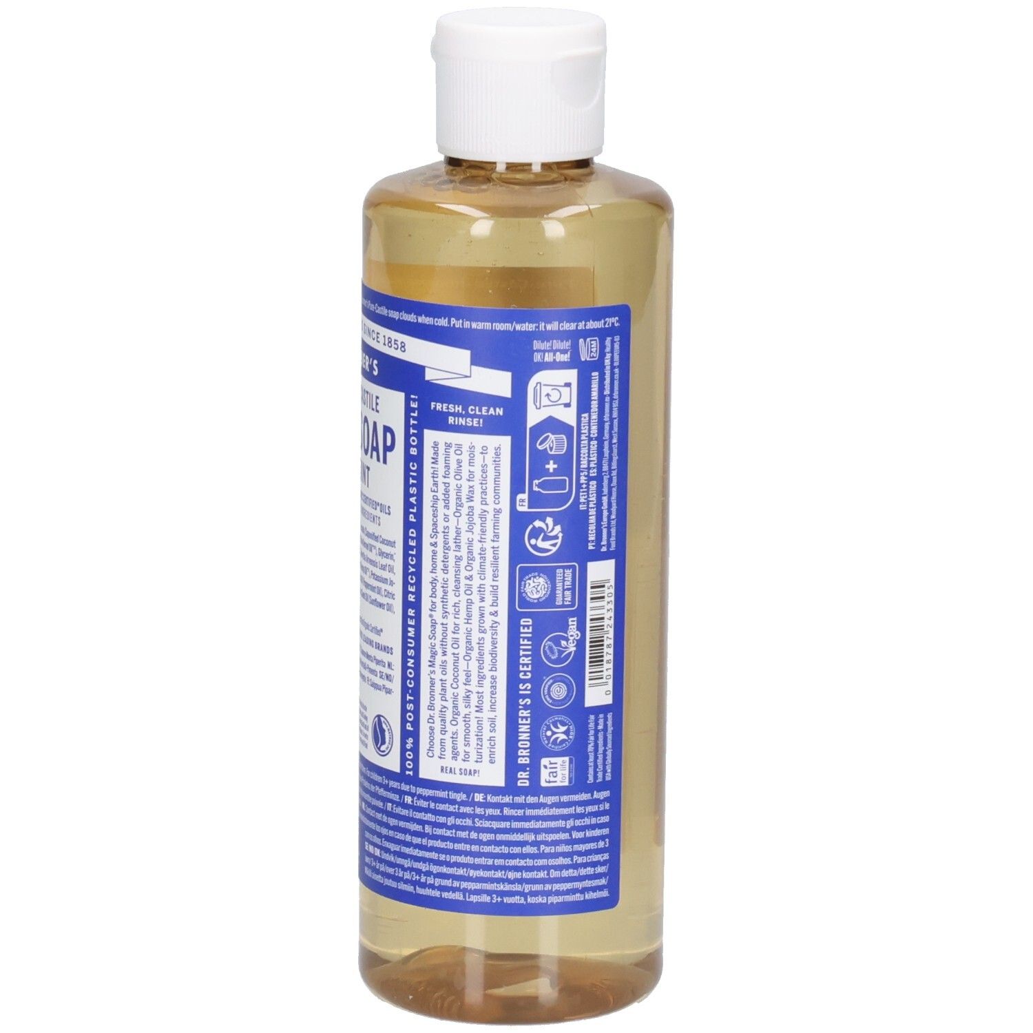 Vue arrière de la bouteille de savon Dr. Bronner's Peppermint Magic. Étiquettes bleues avec texte et logos.