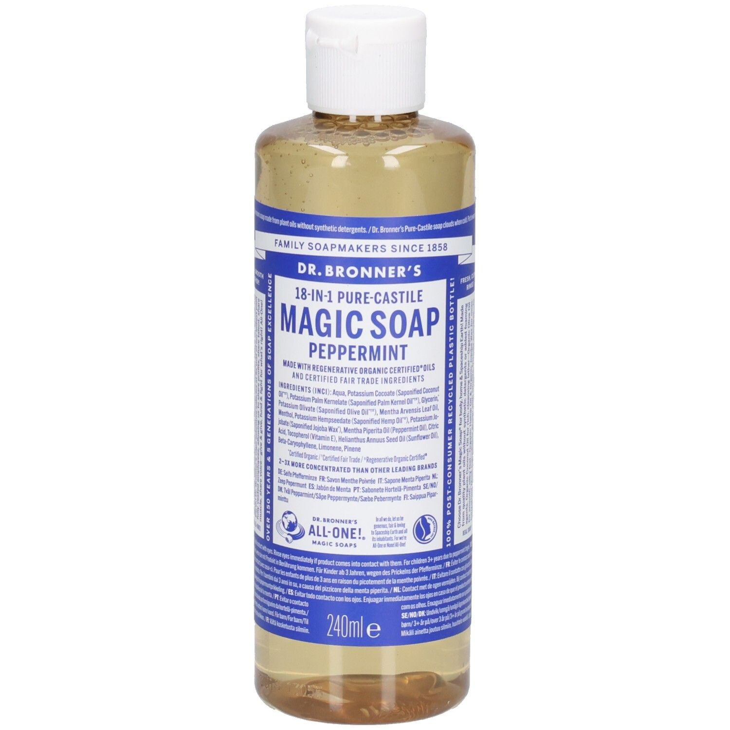 Bouteille de savon Dr. Bronner's Peppermint Magic, liquide transparent, bouchon blanc. Étiquettes bleues.