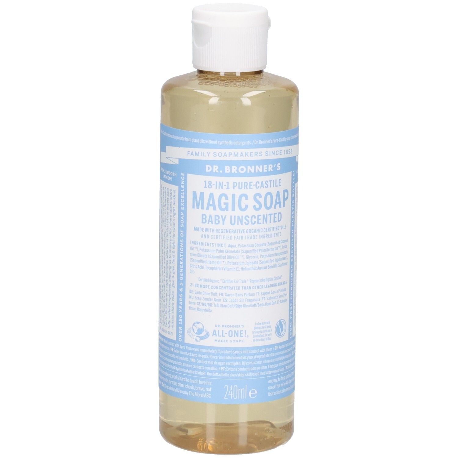 Flacon de savon liquide. Inscription : Dr. Bronner's 18-en-1 Pure-Castile Magic Soap Baby Unscented. Bouchon blanc, étiquettes bleues.